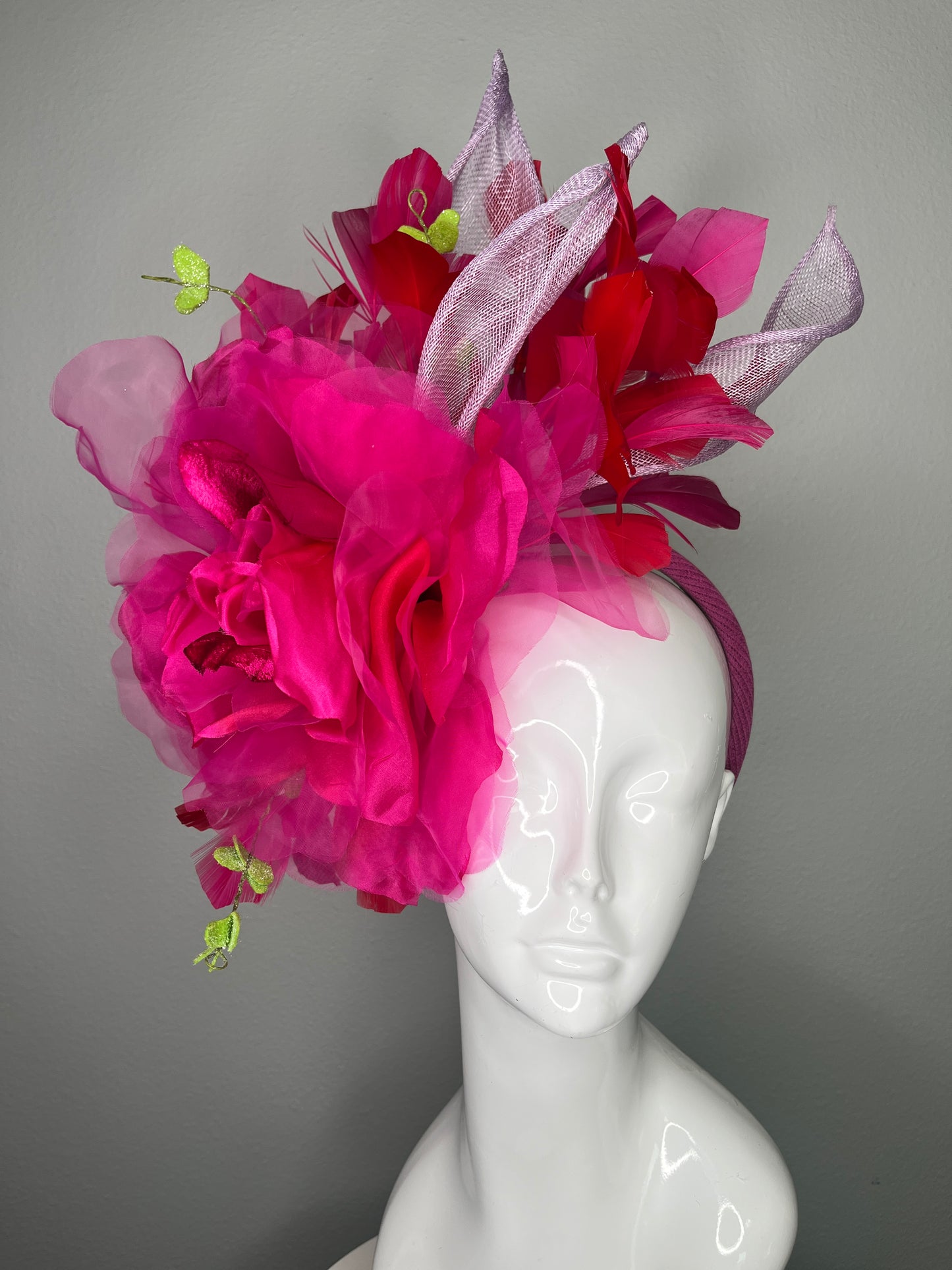 Hot Pink Oversized Organza Bloom Fascinator with Red Feathers & Sculpted Sinamay