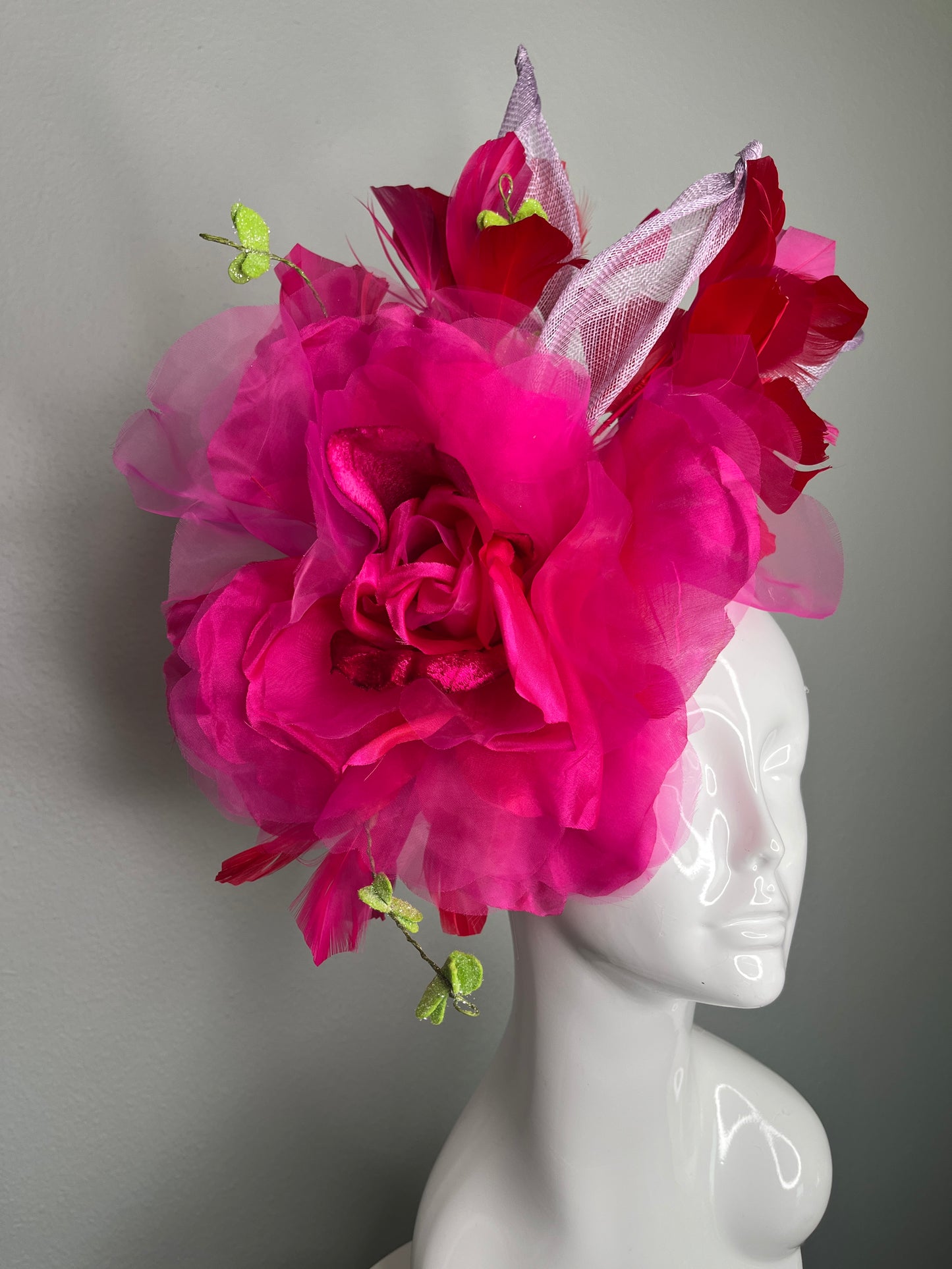 Hot Pink Oversized Organza Bloom Fascinator with Red Feathers & Sculpted Sinamay