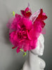 Hot Pink Oversized Organza Bloom Fascinator with Red Feathers & Sculpted Sinamay