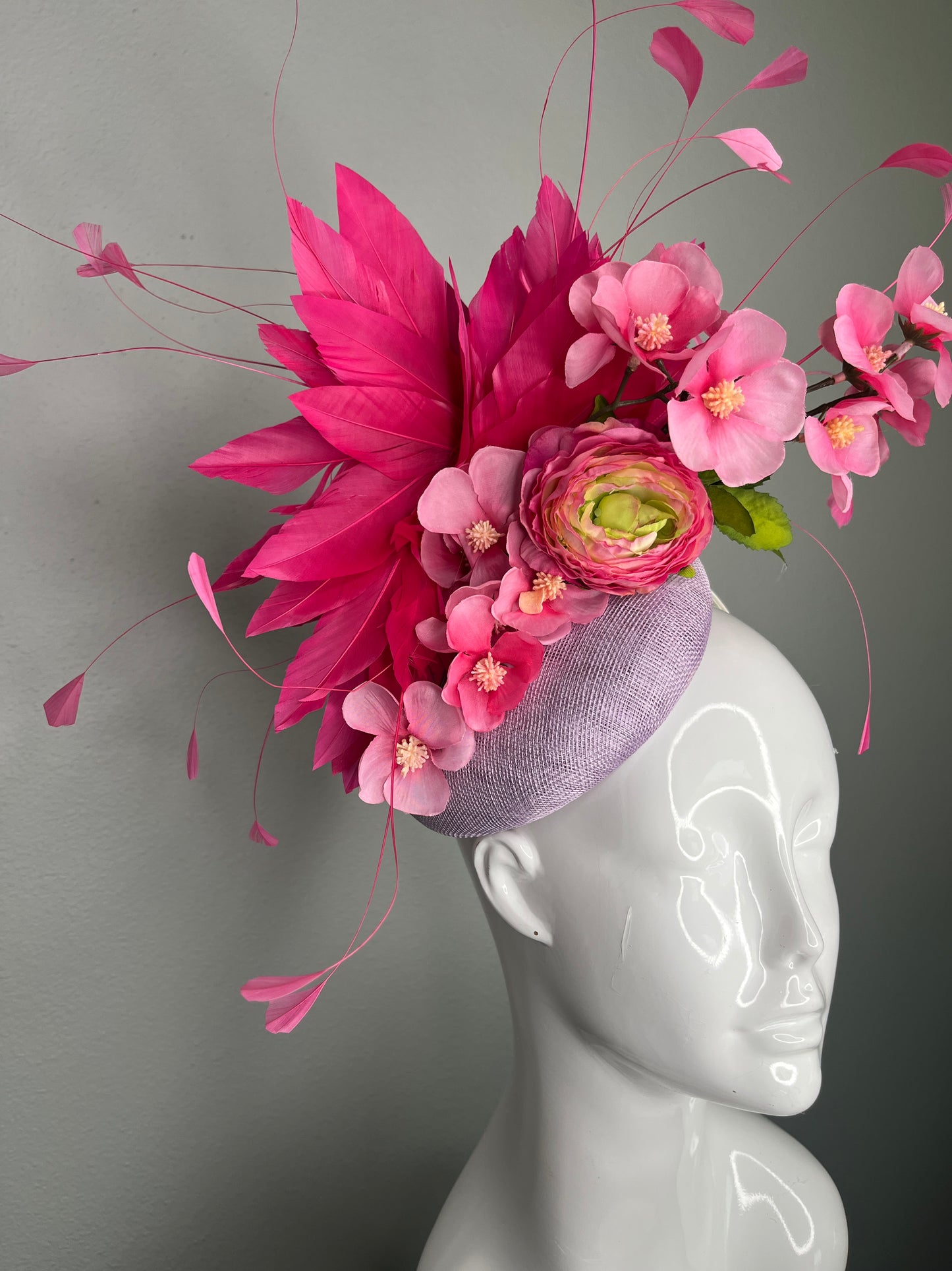 Pink Blossom & Feather Spray Fascinator on Lavender Base Hat