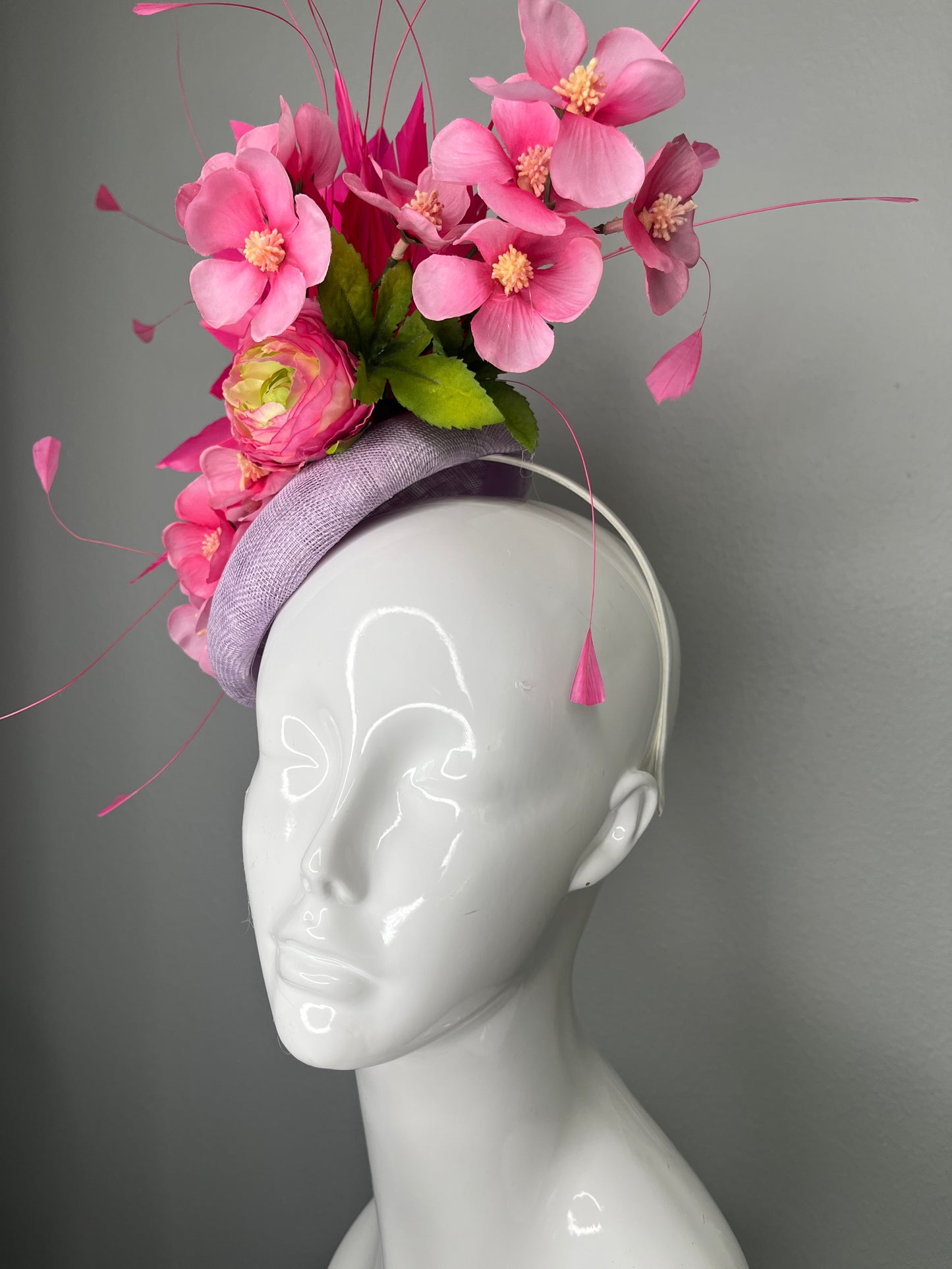 Pink Blossom & Feather Spray Fascinator on Lavender Base Hat