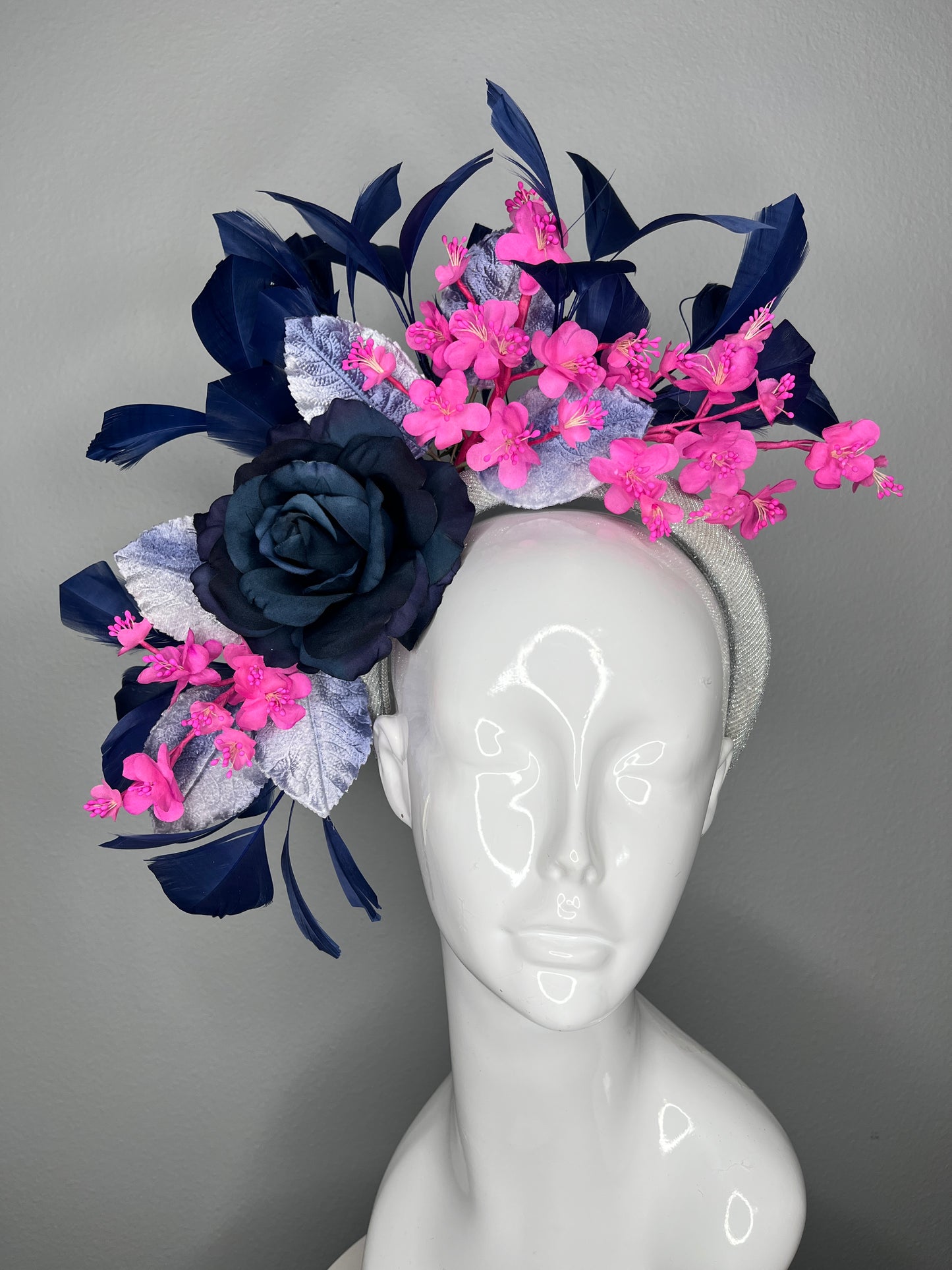 Navy Feather and Vintage Fuchsia Blossom Statement Fascinator on Silver Headband