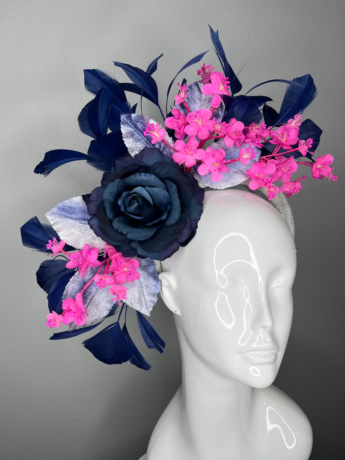 Navy Feather and Vintage Fuchsia Blossom Statement Fascinator on Silver Headband
