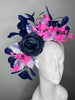 Navy Feather and Vintage Fuchsia Blossom Statement Fascinator on Silver Headband