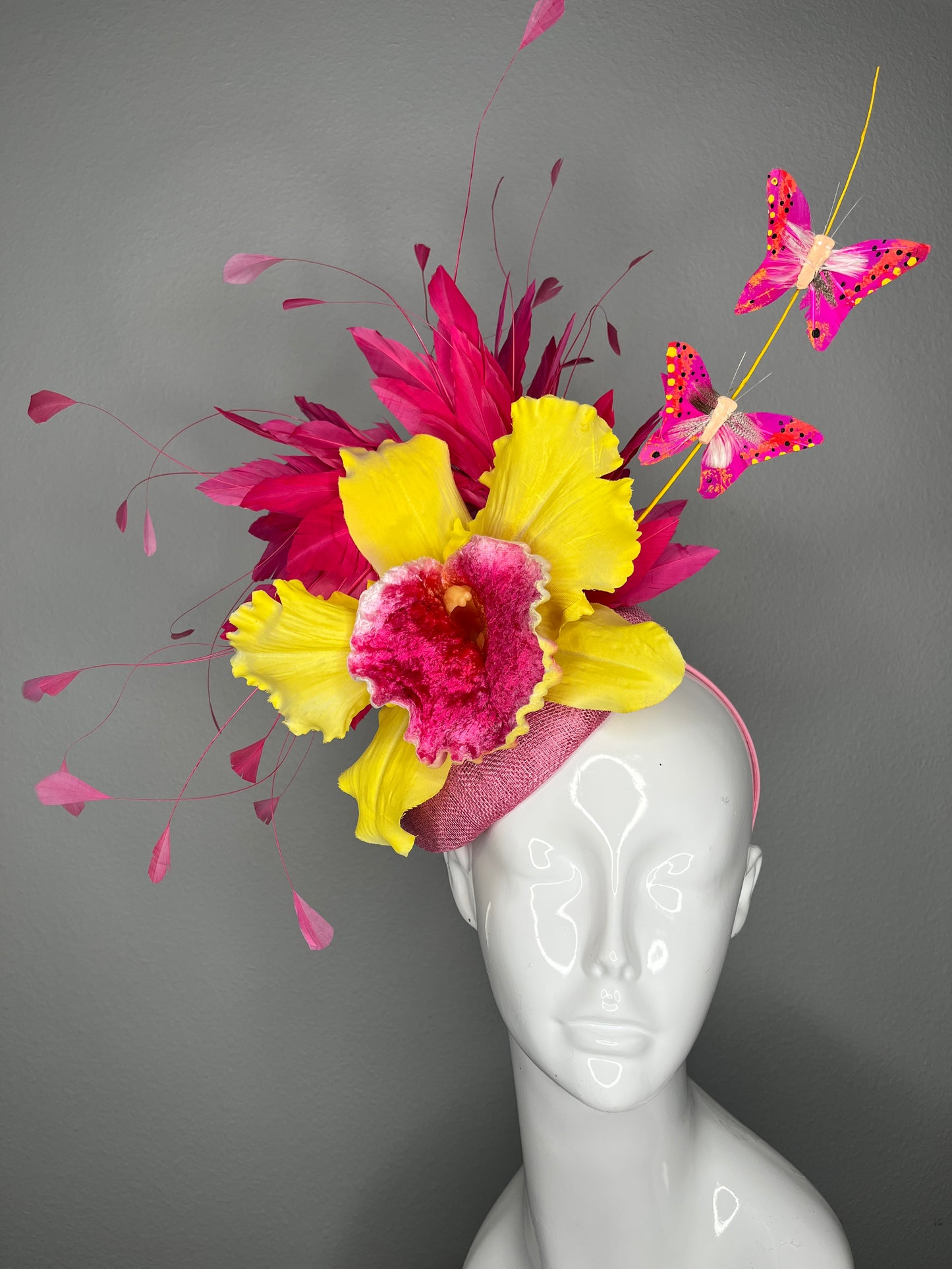 Hot Pink Feather and Yellow Orchid Statement Fascinator with Butterfly Accents