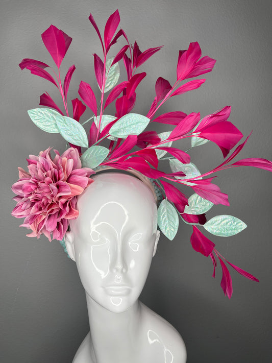 Hot Pink Feather Spray Fascinator with Mint Iridescent Leaves and  Blush Dahlia