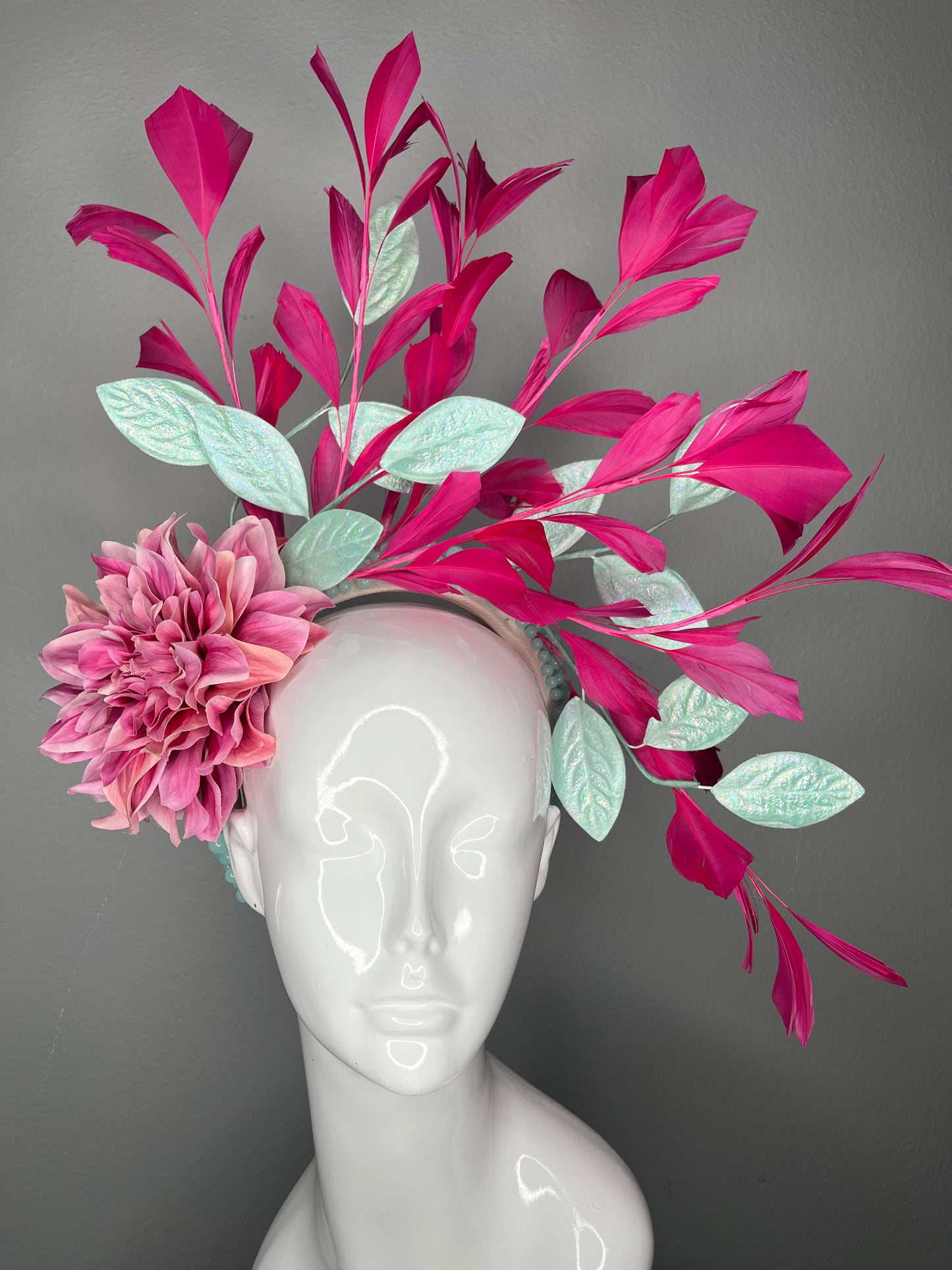Hot Pink Feather Spray Fascinator with Mint Iridescent Leaves and  Blush Dahlia