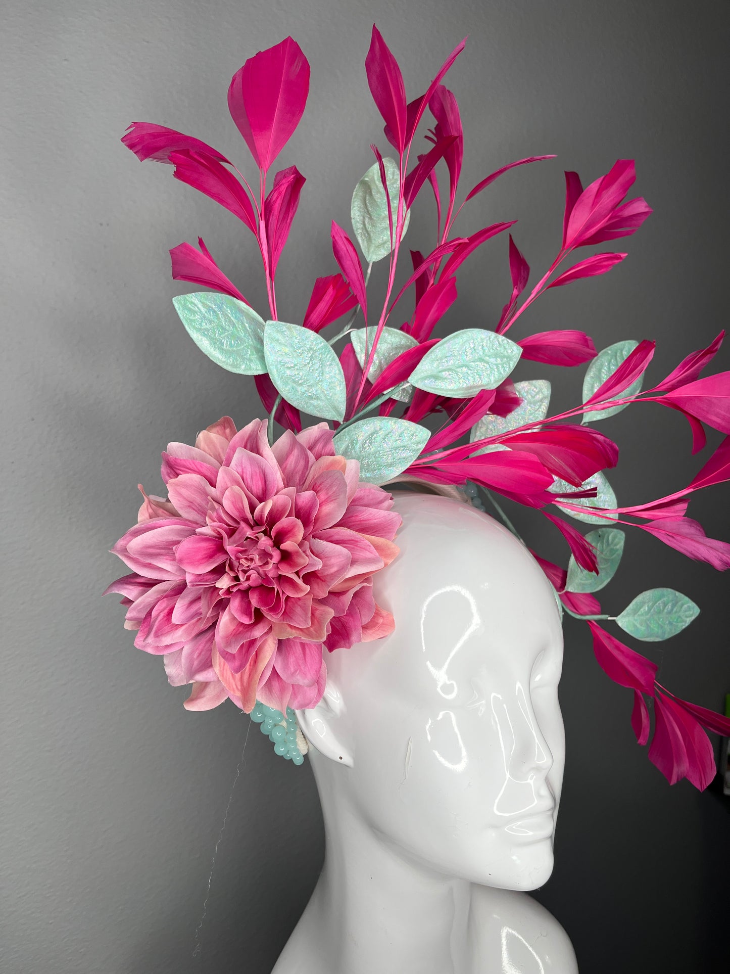 Hot Pink Feather Spray Fascinator with Mint Iridescent Leaves and  Blush Dahlia