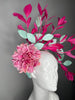 Hot Pink Feather Spray Fascinator with Mint Iridescent Leaves and  Blush Dahlia