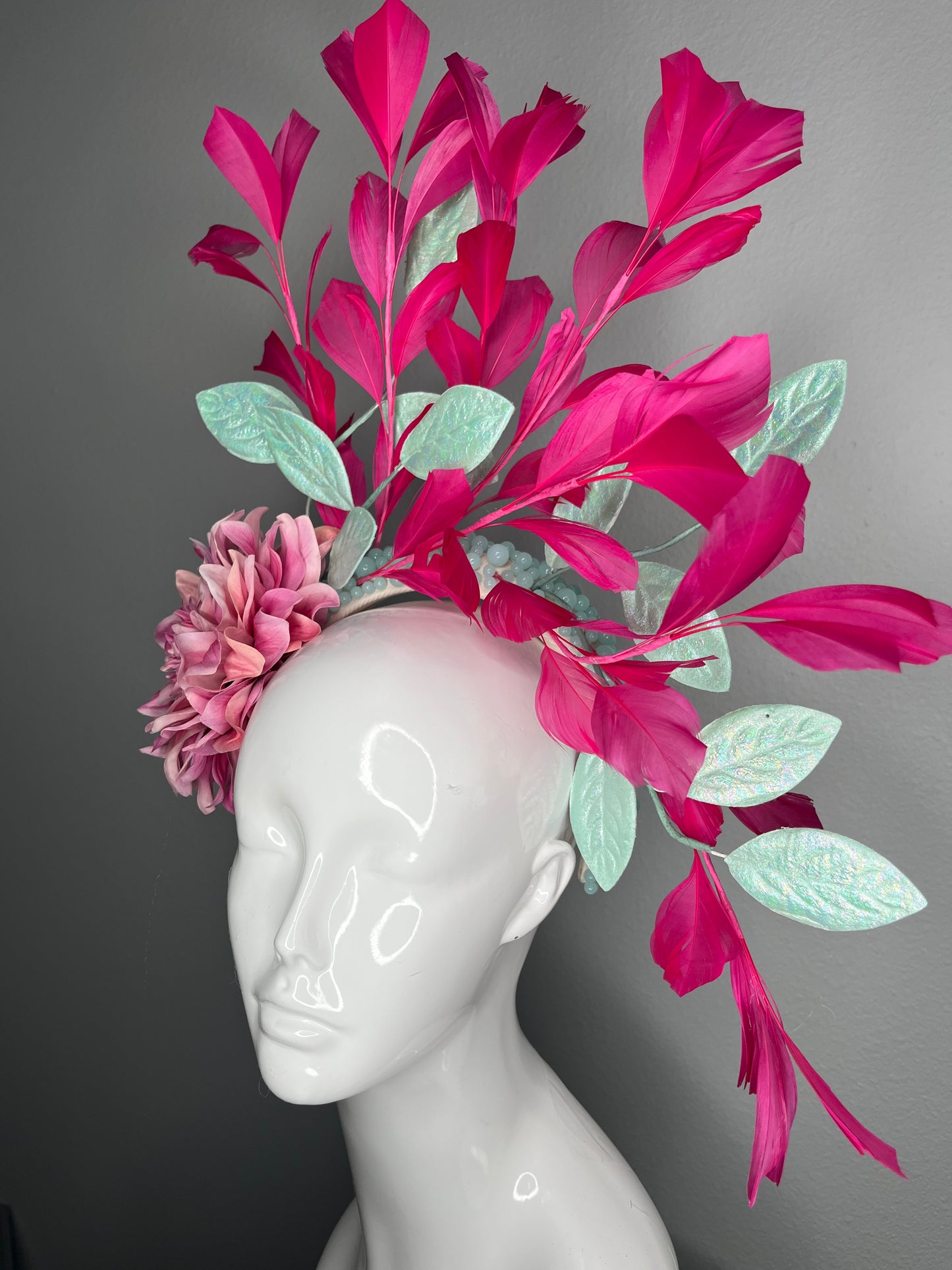 Hot Pink Feather Spray Fascinator with Mint Iridescent Leaves and  Blush Dahlia