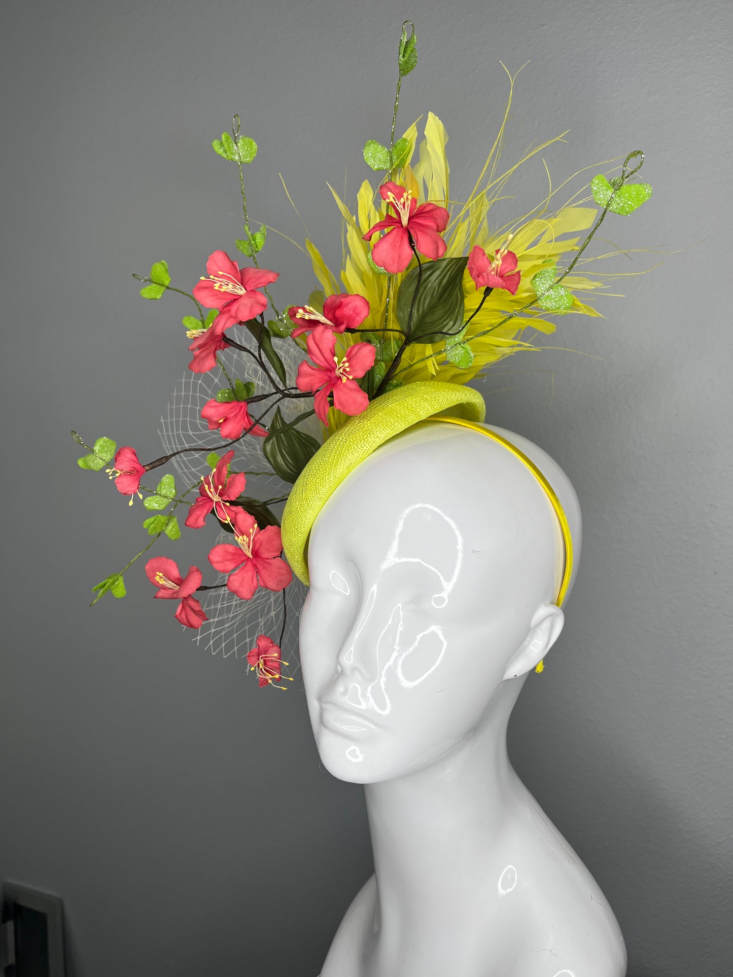 Lemon Yellow Halo Fascinator with Vintage Coral Blossoms and Green Vine Sprays