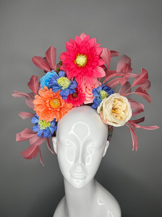 Multi-Color Garden Bloom Fascinator with Pink Feather Fans and Statement Florals