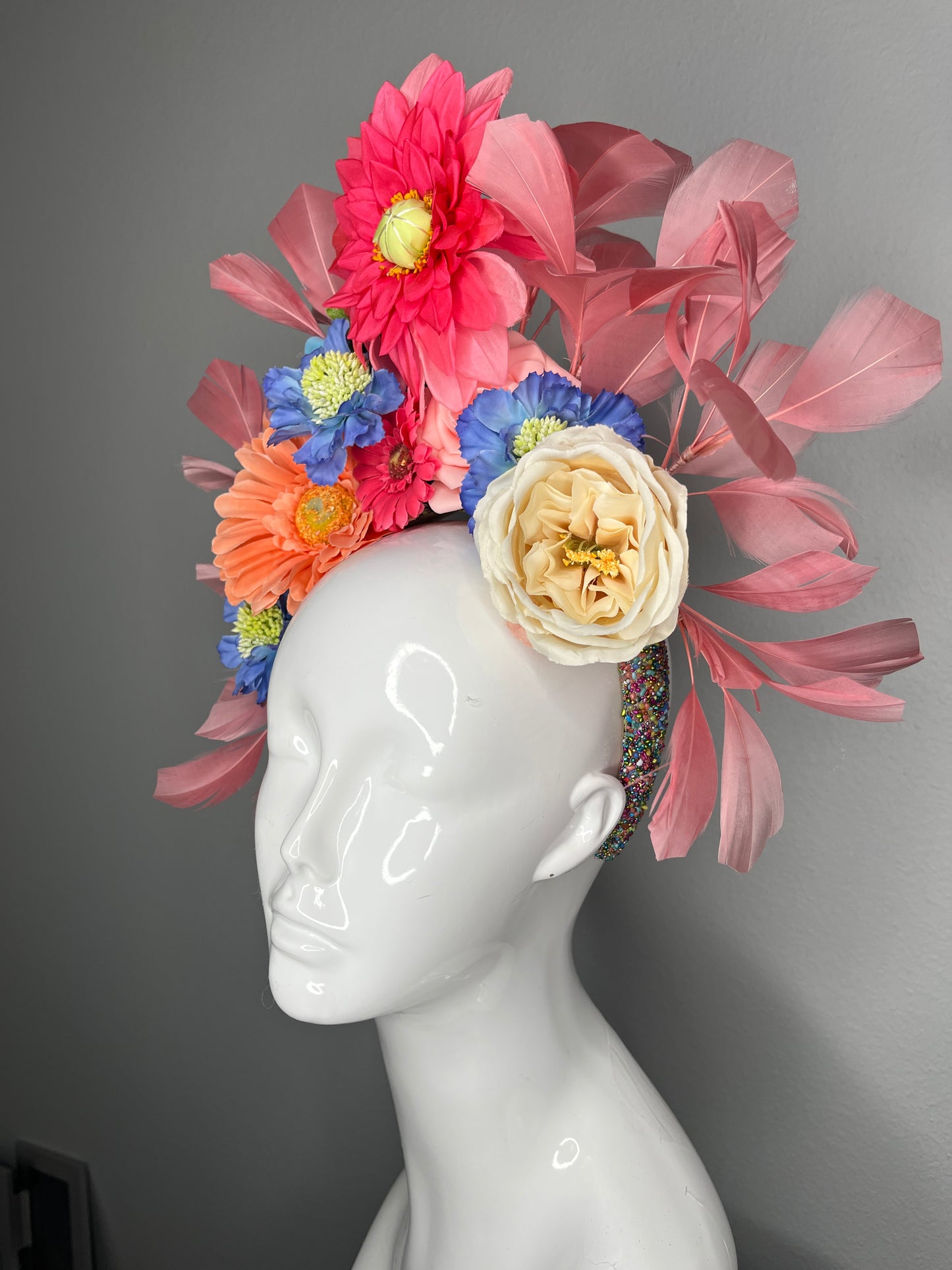 Multi-Color Garden Bloom Fascinator with Pink Feather Fans and Statement Florals