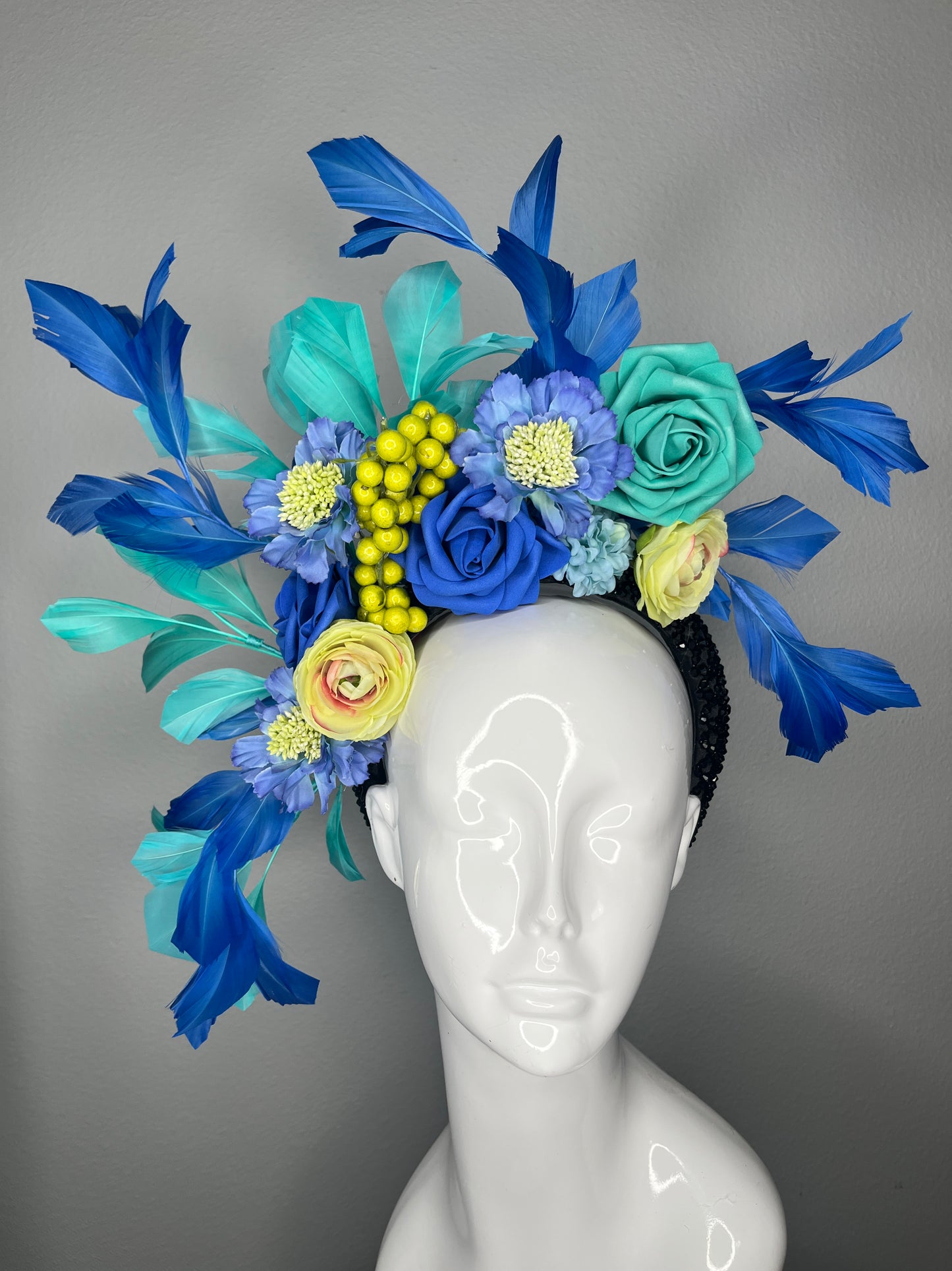 Blue and Teal Feathered Garden Crown with  Berry Accents Fascinator Hat