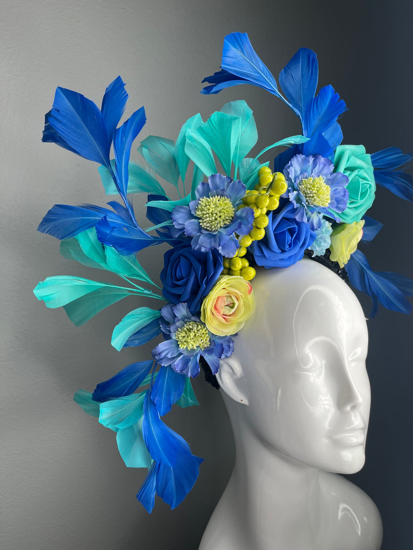 Blue and Teal Feathered Garden Crown with  Berry Accents Fascinator Hat