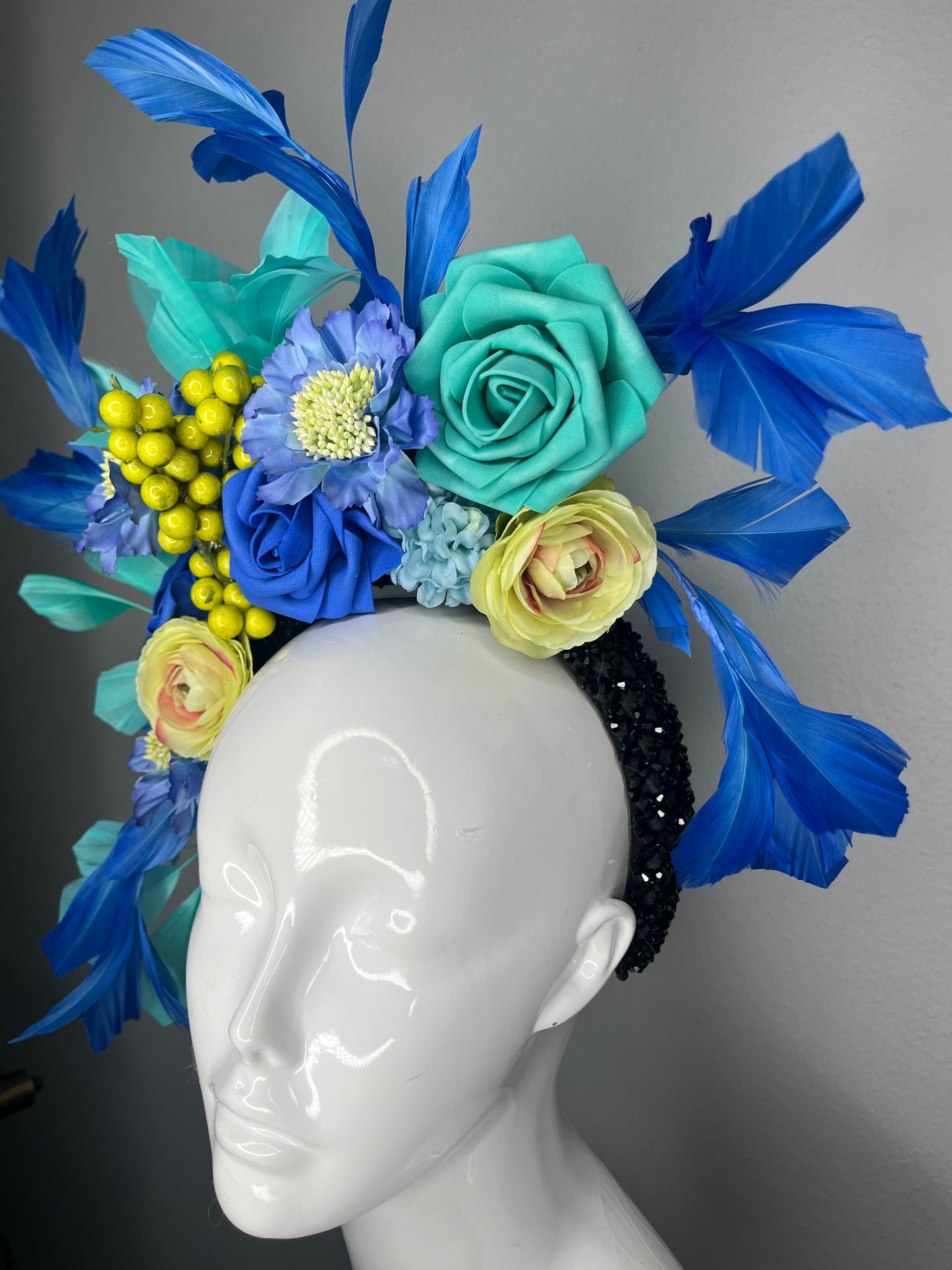 Blue and Teal Feathered Garden Crown with  Berry Accents Fascinator Hat