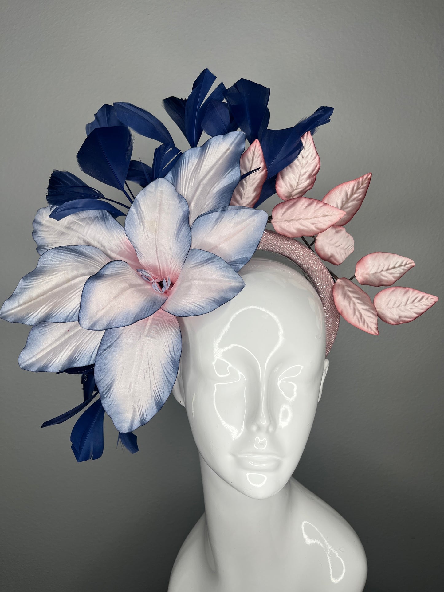 Vintage Blush & Navy Floral Statement Fascinator with Sculpted Feathers and Vintage Leaves Fascinator Hat