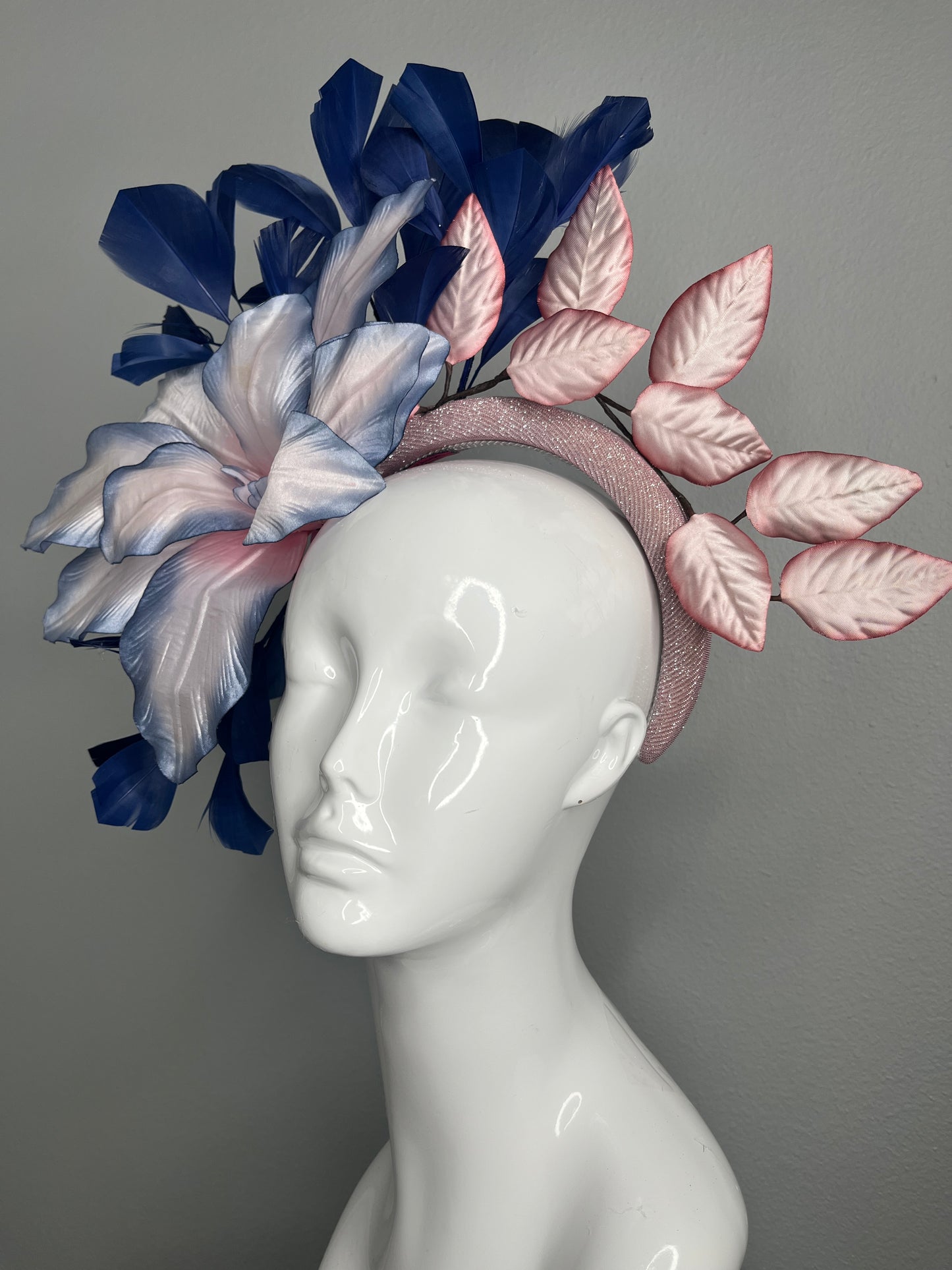 Vintage Blush & Navy Floral Statement Fascinator with Sculpted Feathers and Vintage Leaves Fascinator Hat