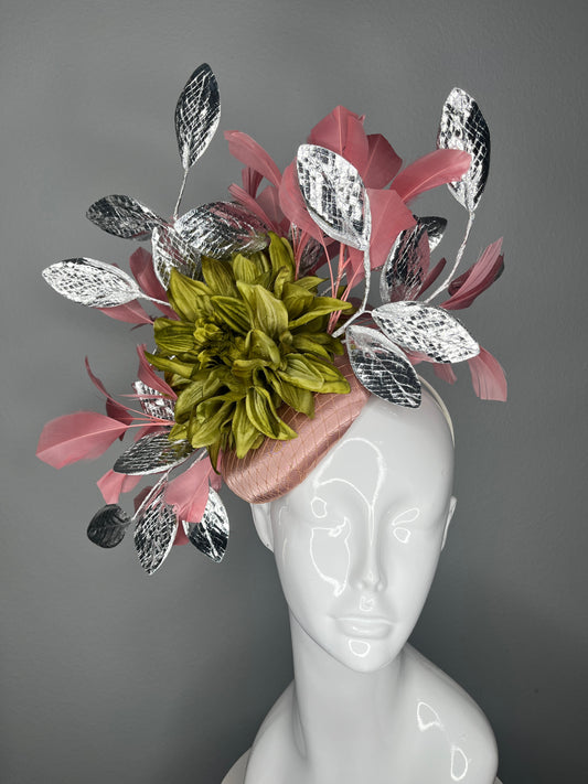 Blush Pink Fascinator with Silver Metallic Leaves and Green Dahlia Bloom