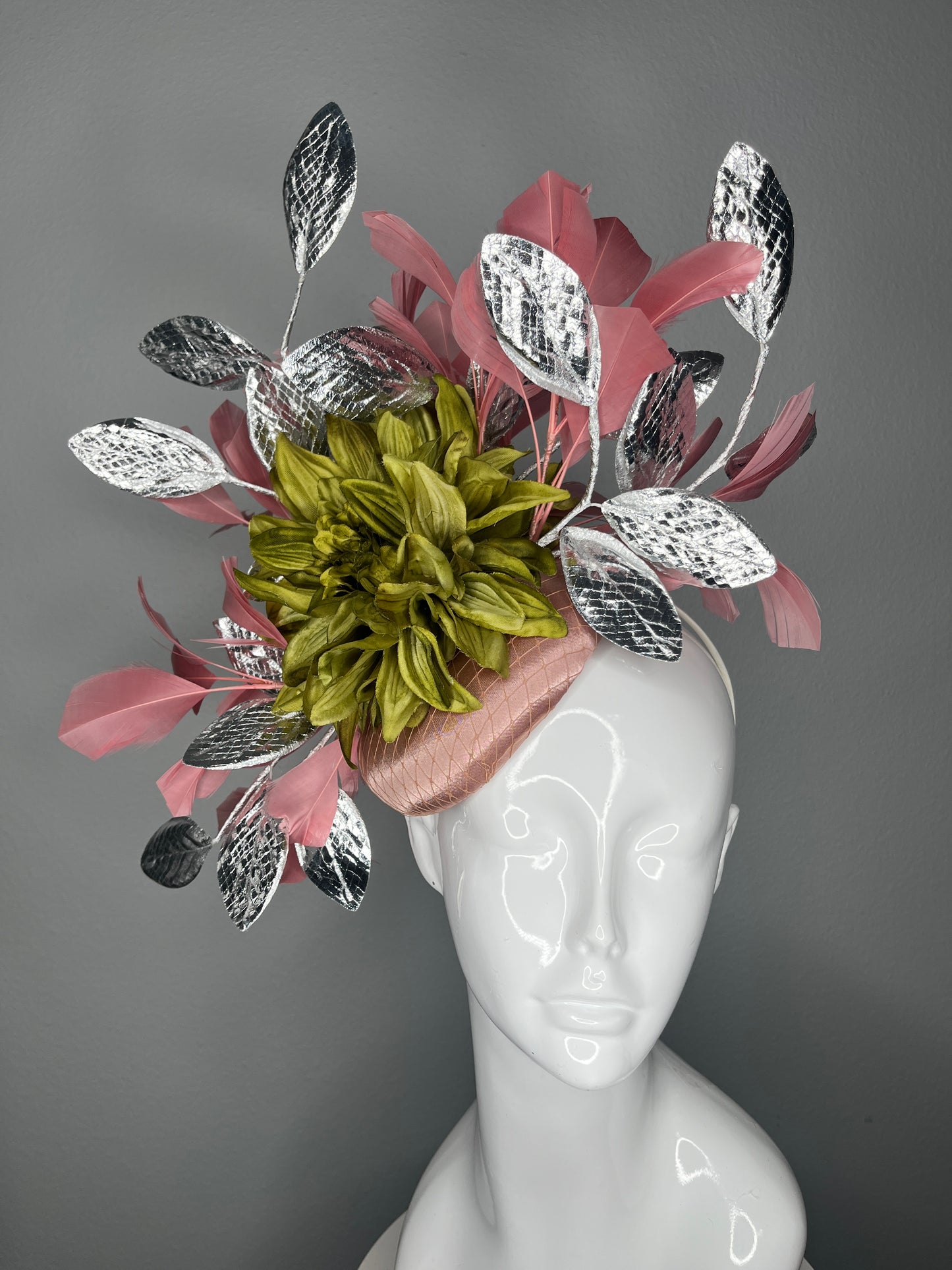 Blush Pink Fascinator with Silver Metallic Leaves and Green Dahlia Bloom