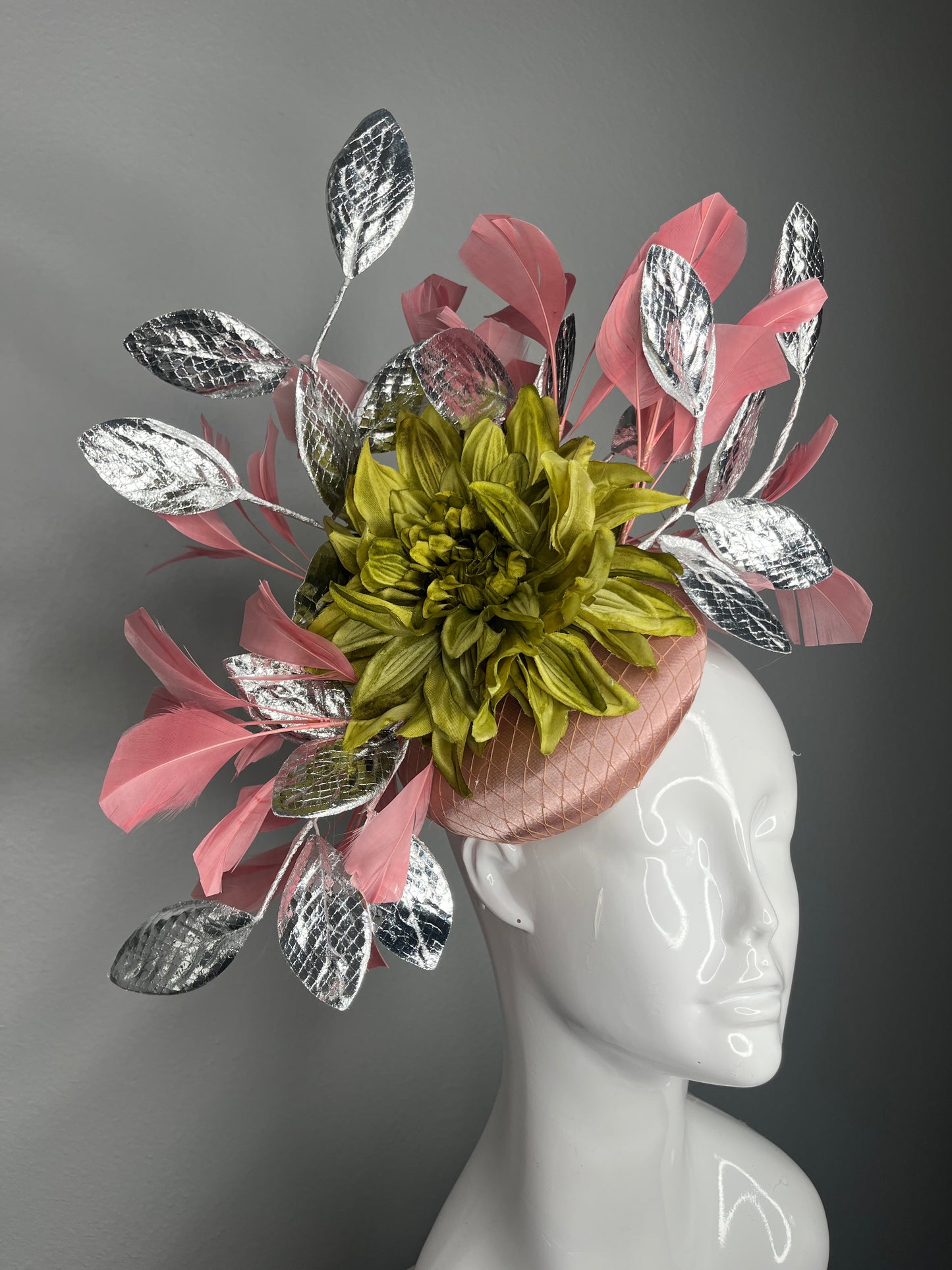 Blush Pink Fascinator with Silver Metallic Leaves and Green Dahlia Bloom