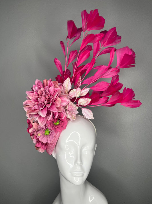 Hot Pink Dahlia Bloom Statement Fascinator  Couture Feather Headpiece Kentucky Derby Hat |Oaks Day Fascinator