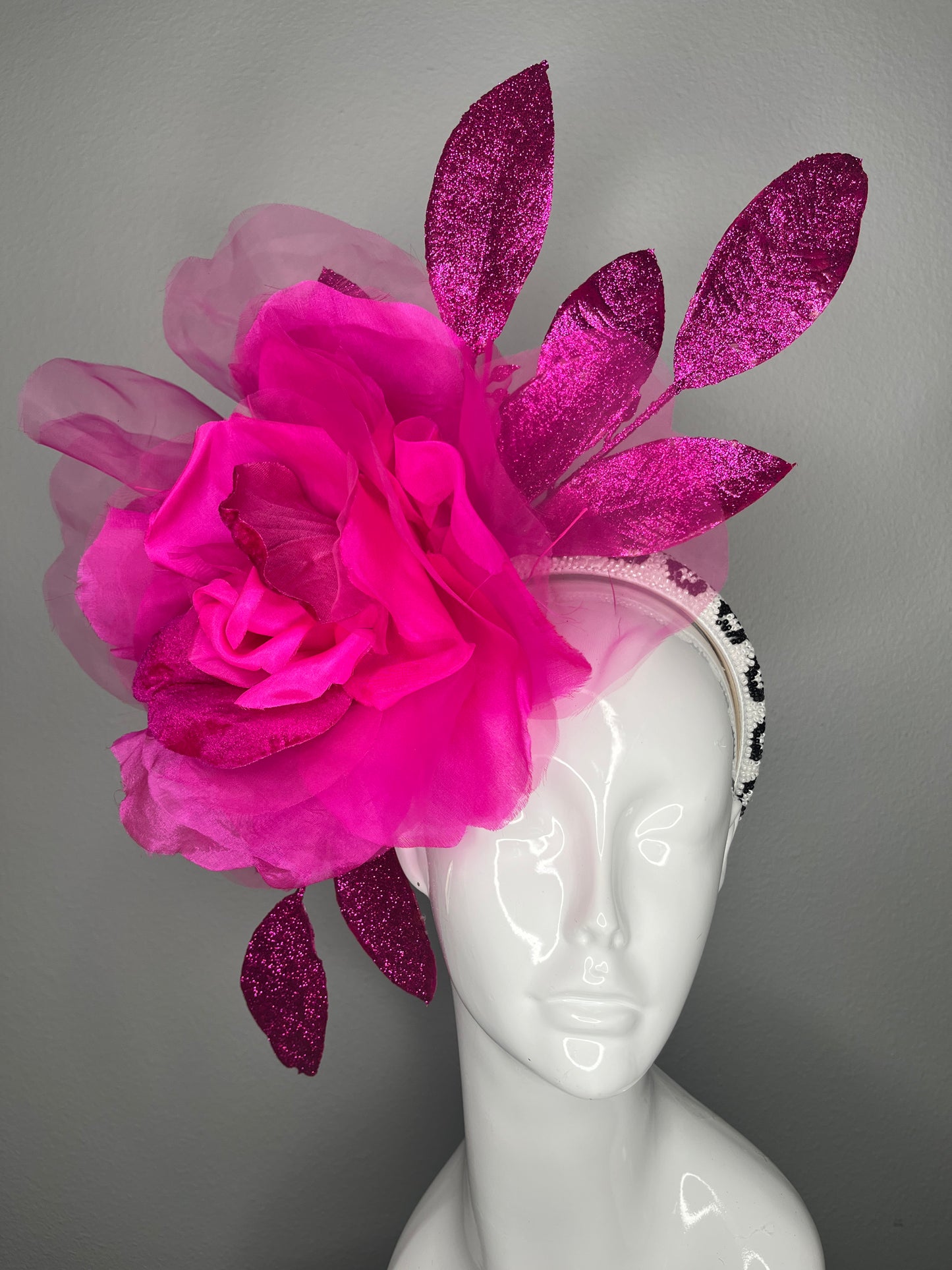 Hot Pink Glitter Leaf Fascinator Oversized Floral Headpiece Kentucky Derby Hat | Couture Statement Fascinator