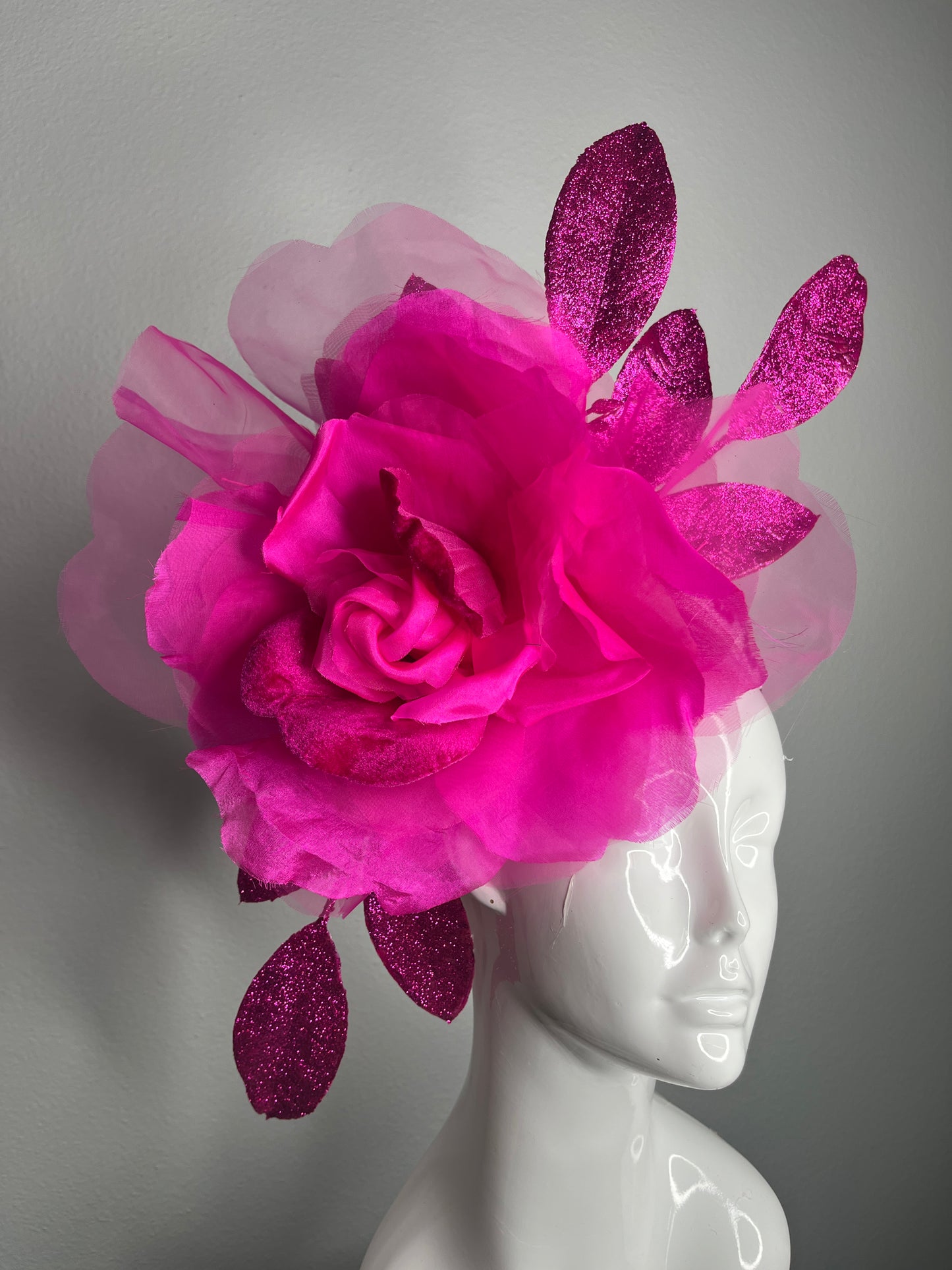 Hot Pink Glitter Leaf Fascinator Oversized Floral Headpiece Kentucky Derby Hat | Couture Statement Fascinator