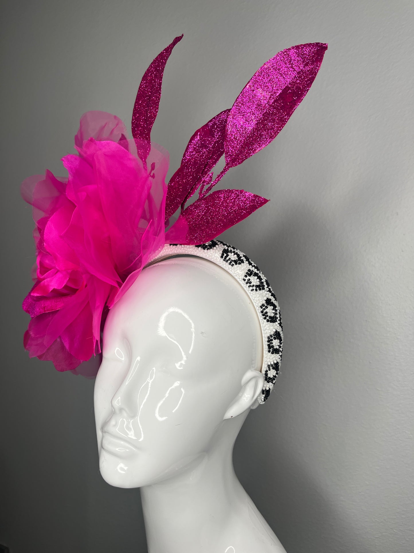 Hot Pink Glitter Leaf Fascinator Oversized Floral Headpiece Kentucky Derby Hat | Couture Statement Fascinator