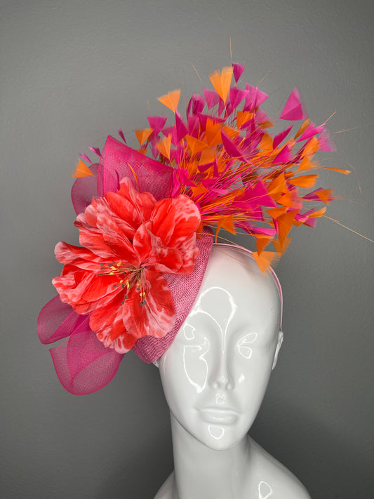 Pink and Orange Feather Burst Fascinator | Coral Floral Headpiece | Kentucky Derby Hat | Couture Statement Fascinator
