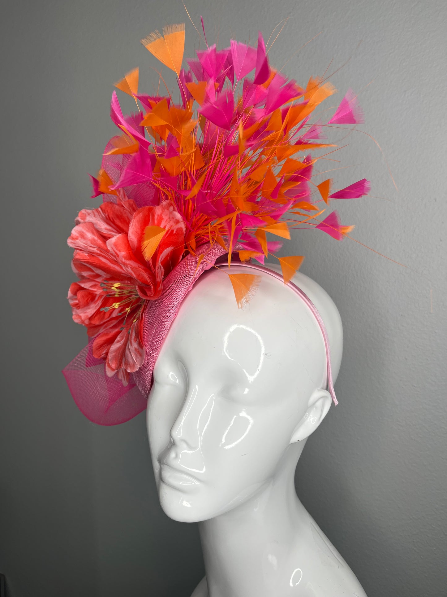 Pink and Orange Feather Burst Fascinator | Coral Floral Headpiece | Kentucky Derby Hat | Couture Statement Fascinator
