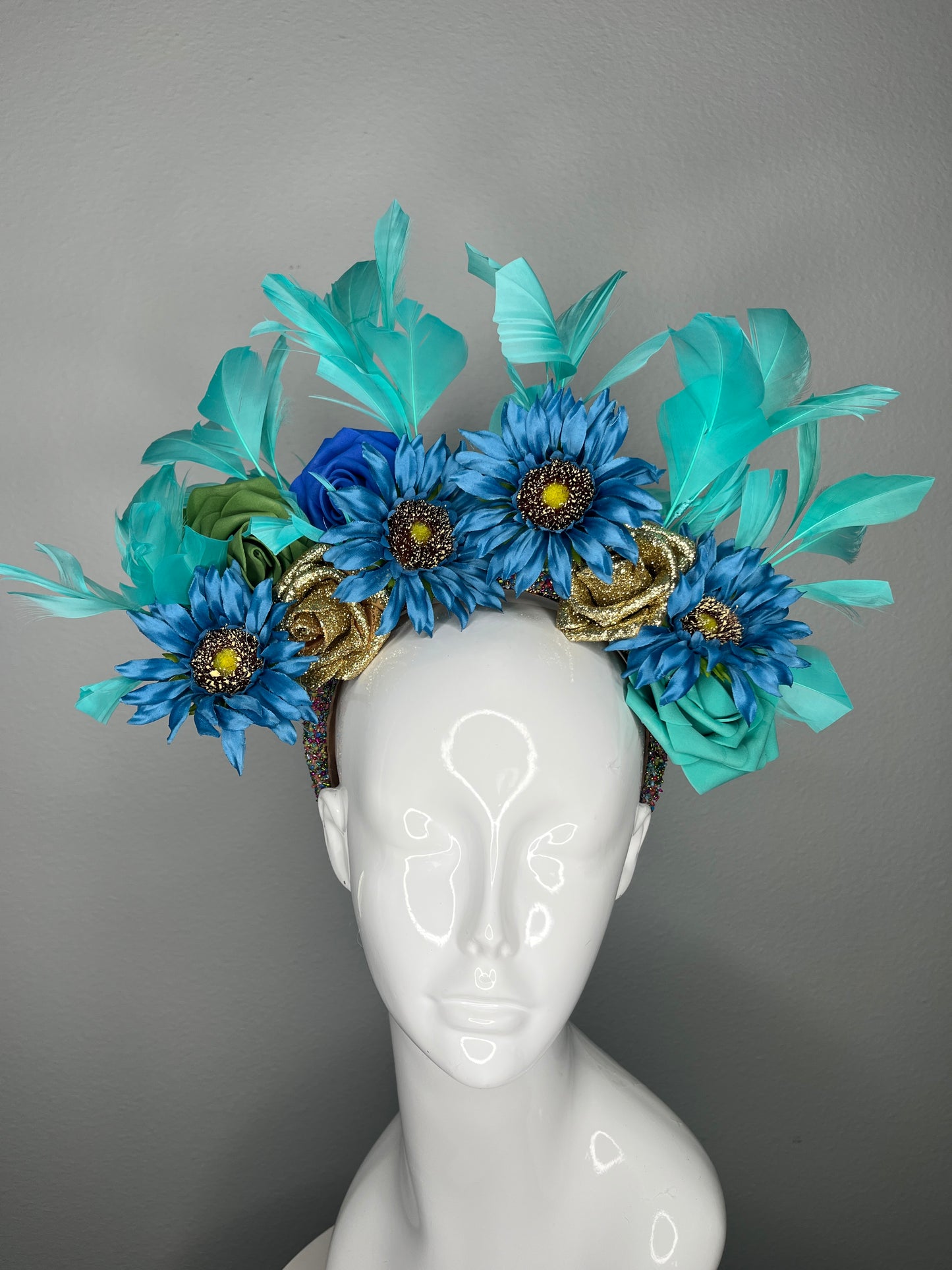 Turquoise and Blue Floral Crown Fascinator | Feather Headpiece | Kentucky Derby Hat | Couture Statement Fascinator
