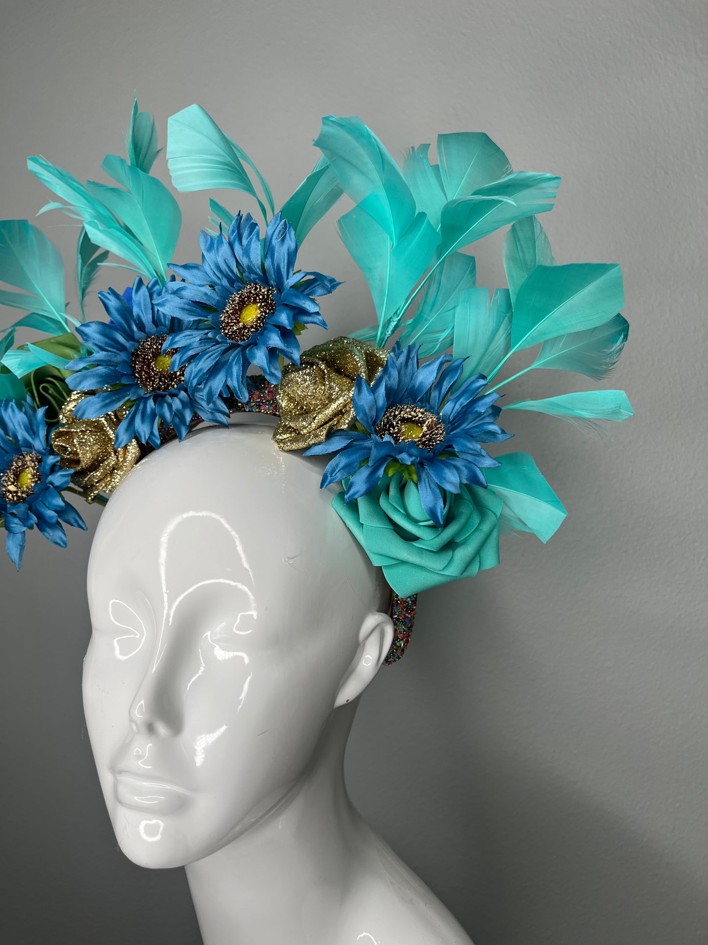 Turquoise and Blue Floral Crown Fascinator | Feather Headpiece | Kentucky Derby Hat | Couture Statement Fascinator