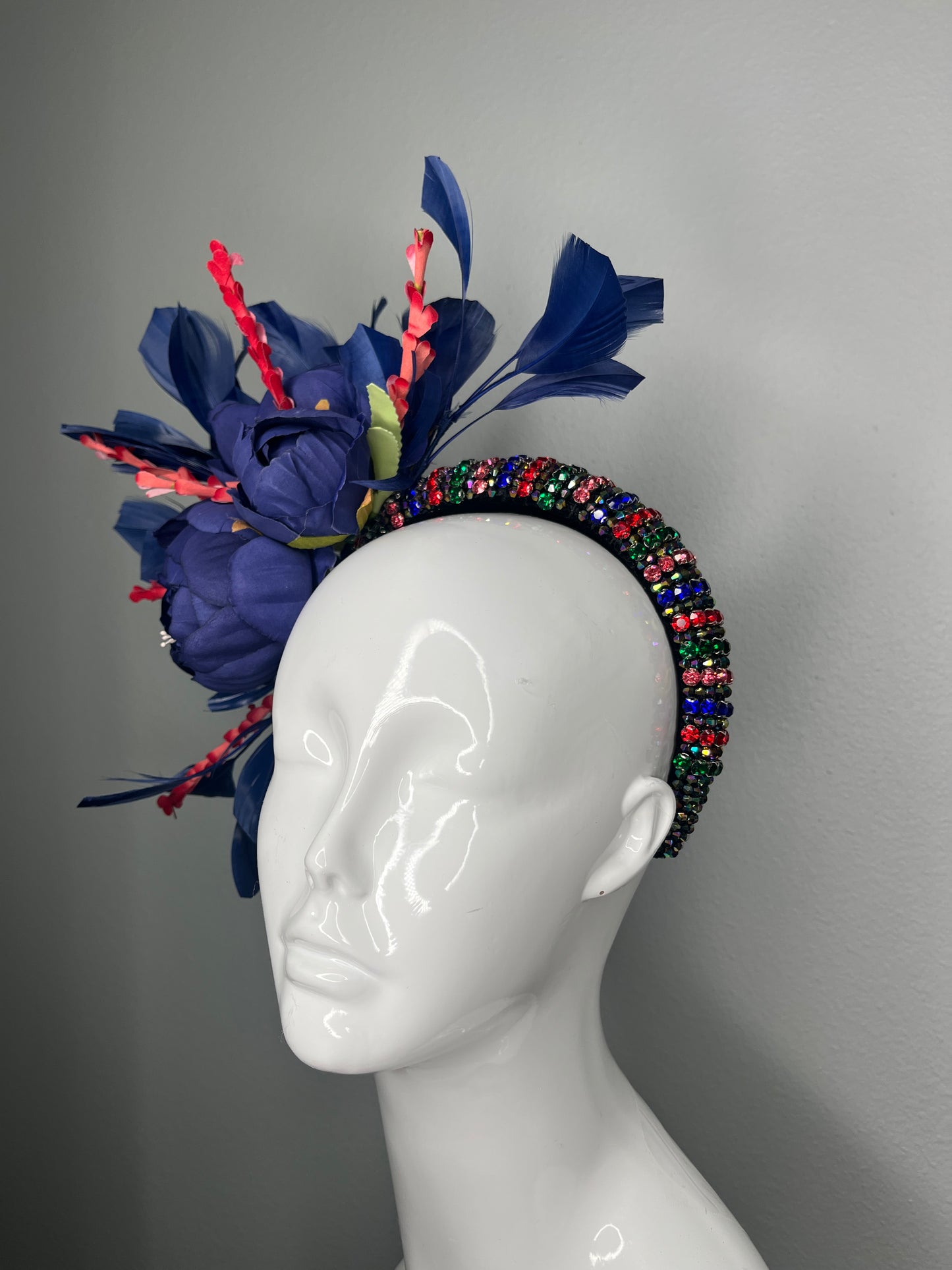 Navy and Red Floral Fascinator | Feather Crown Headpiece | Kentucky Derby Hat | Couture Statement Fascinator