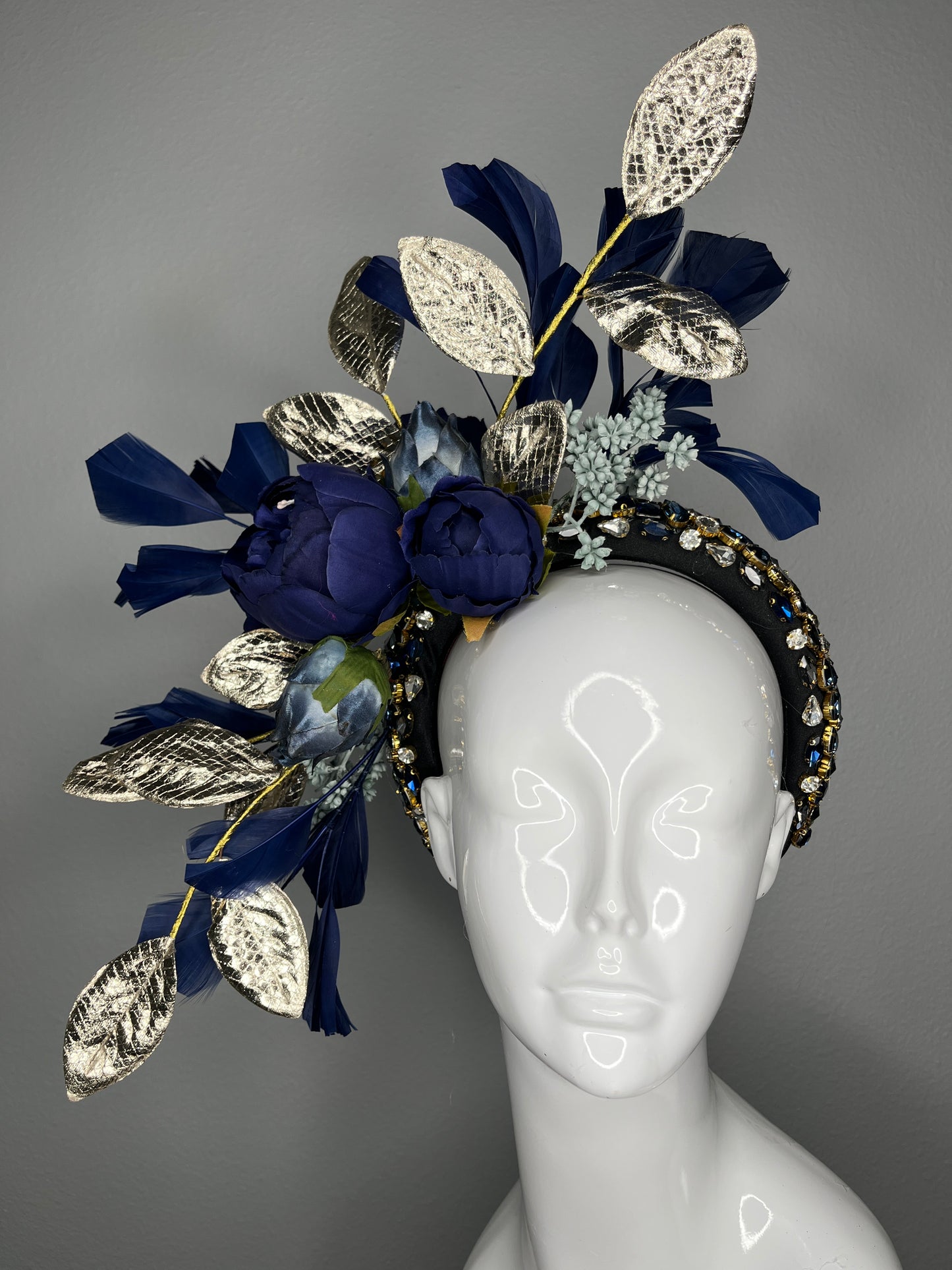 Navy Gold Statement Fascinator Derby Headpiece, Royal Blue and Gold Headband