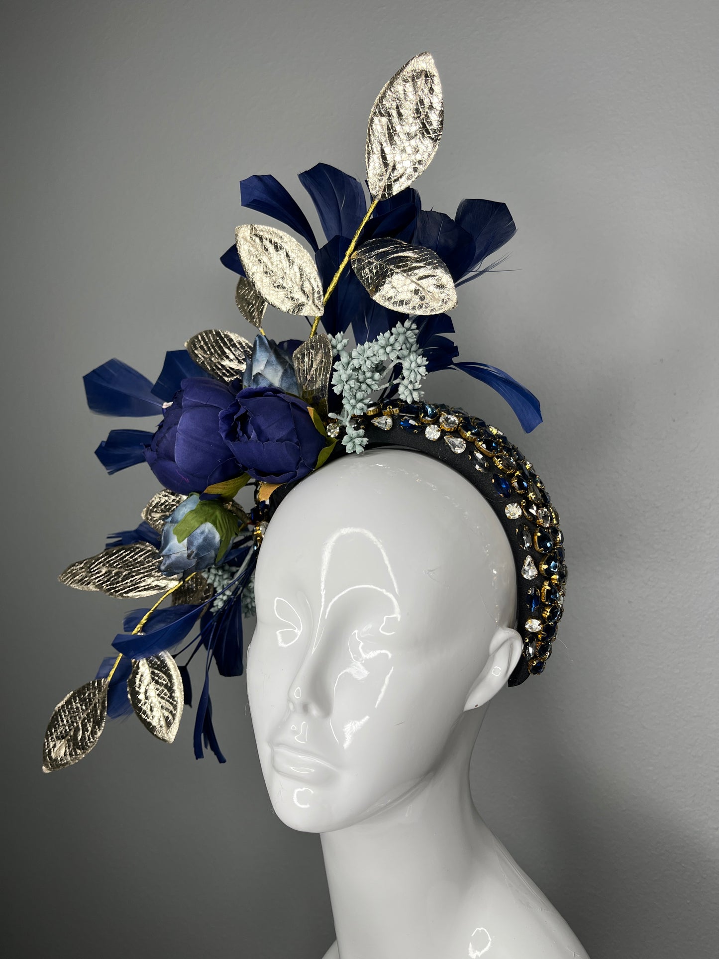 Navy Gold Statement Fascinator Derby Headpiece, Royal Blue and Gold Headband