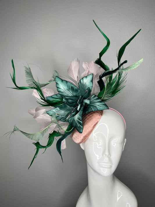 Green and Blush Statement Fascinator Derby Headpiece, Feather Flower Hat