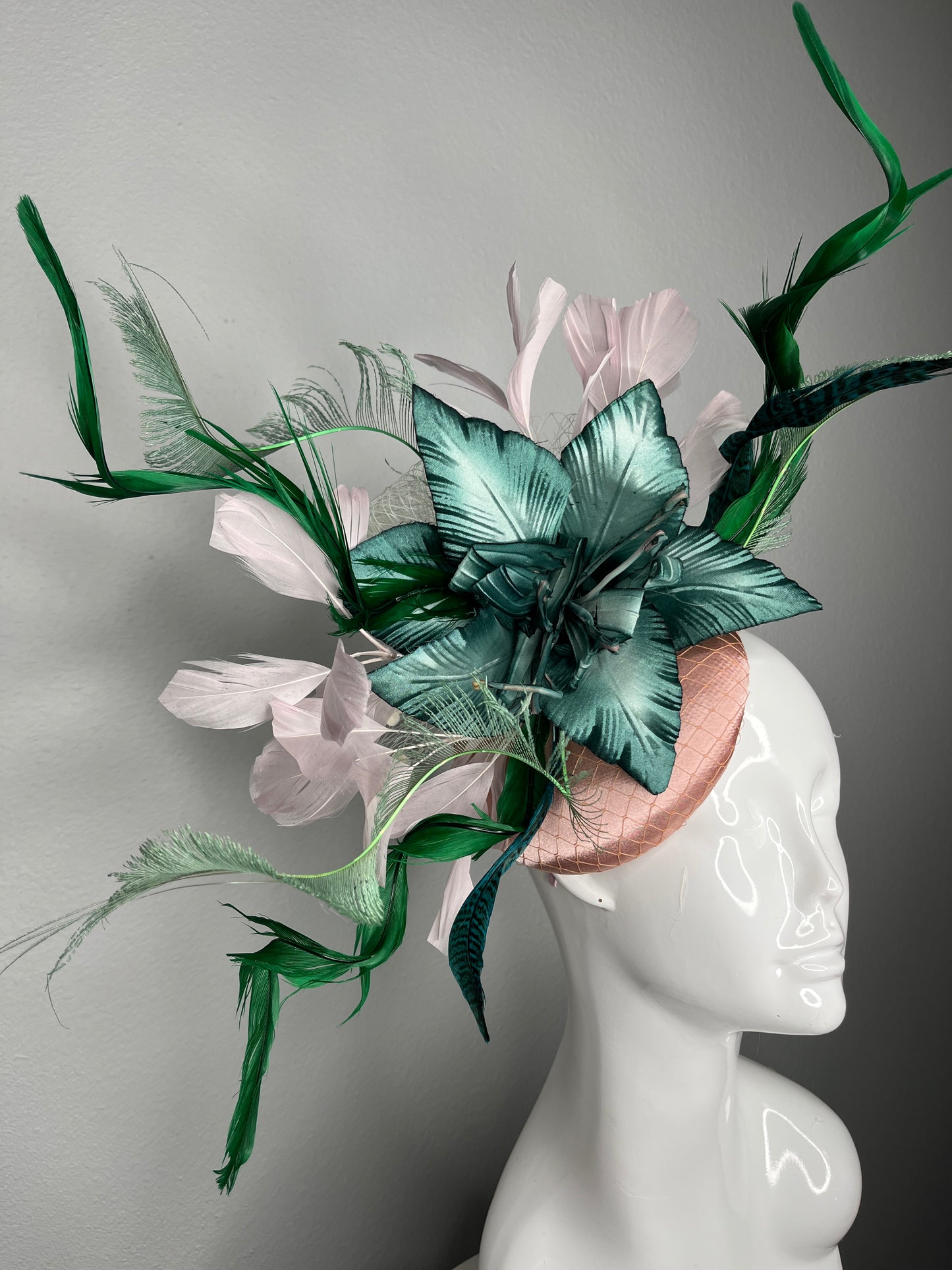 Green and Blush Statement Fascinator Derby Headpiece, Feather Flower Hat