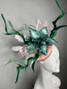 Green and Blush Statement Fascinator Derby Headpiece, Feather Flower Hat