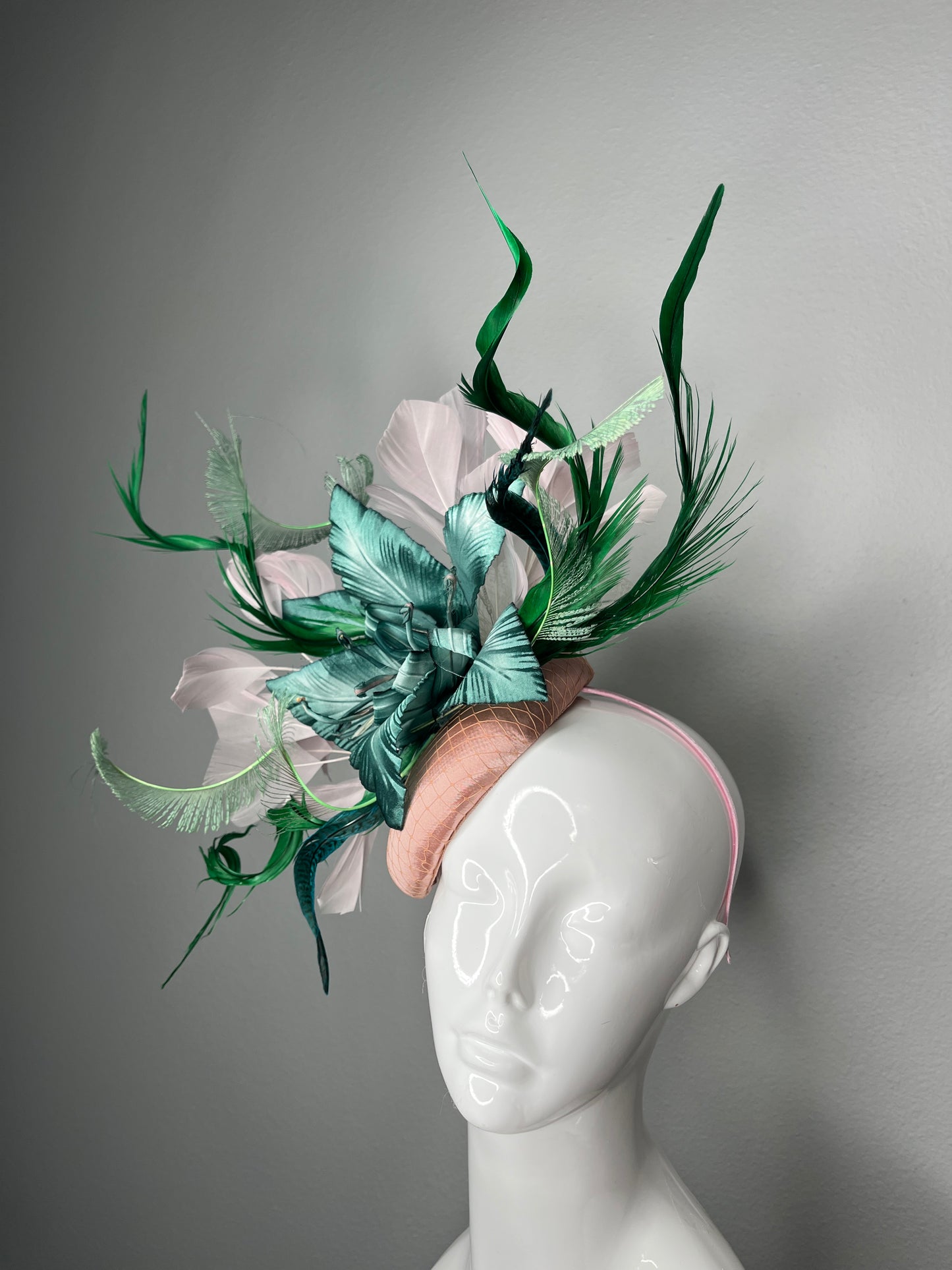 Green and Blush Statement Fascinator Derby Headpiece, Feather Flower Hat
