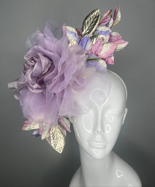 Lavender Statement Fascinator with Oversized Flower and Metallic and Velvet Leaves  Derby Hat  Kentucky Oaks Headpiece