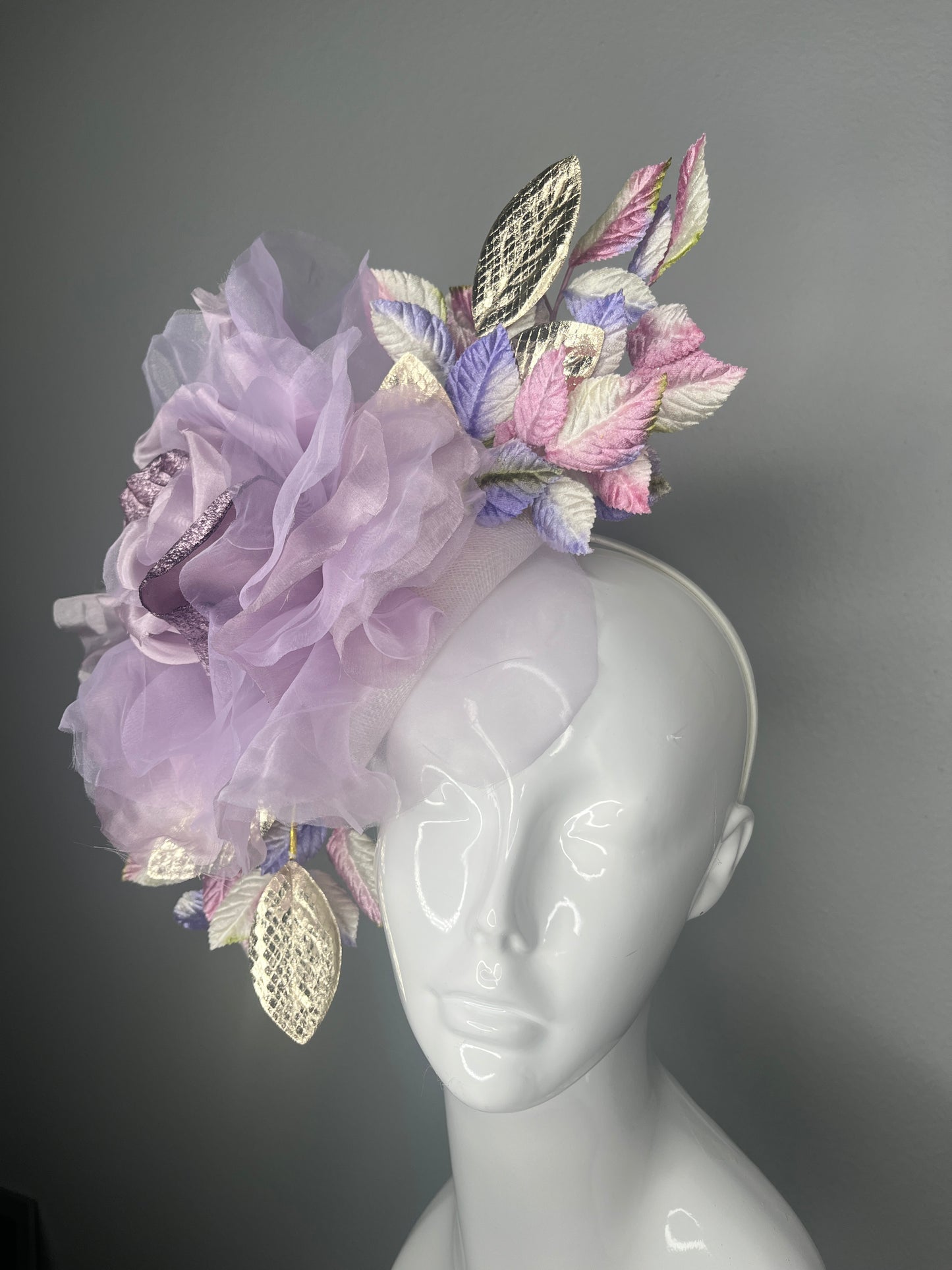 Lavender Statement Fascinator with Oversized Flower and Metallic and Velvet Leaves  Derby Hat  Kentucky Oaks Headpiece