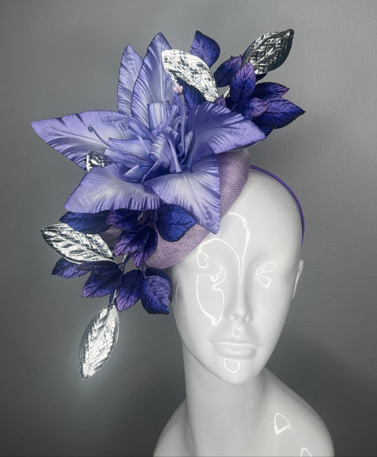 Lavender and Royal Purple Statement Fascinator with Metallic Silver Leaves  Derby Hat Kentucky Oaks Headpiece