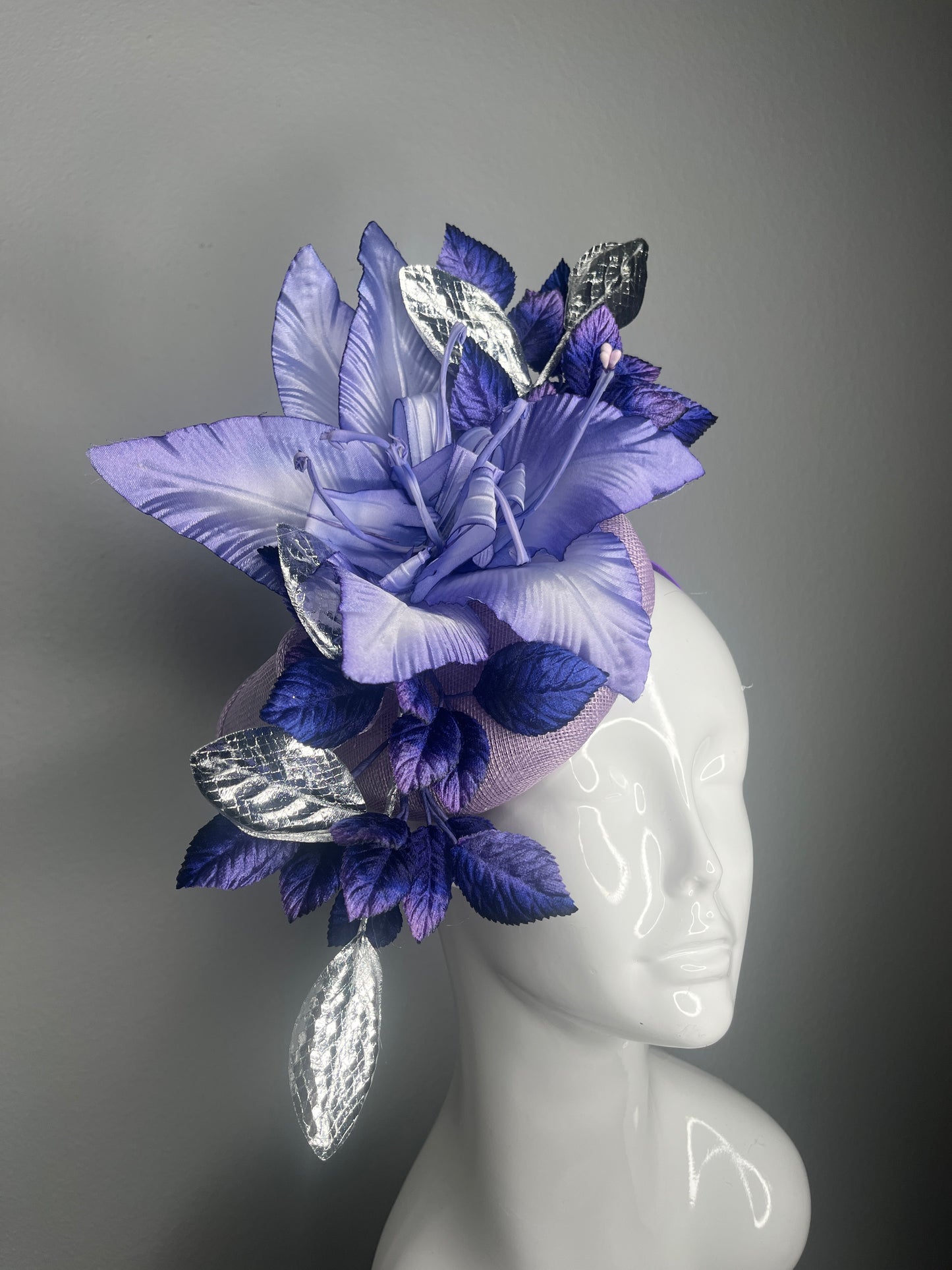 Lavender and Royal Purple Statement Fascinator with Metallic Silver Leaves  Derby Hat Kentucky Oaks Headpiece