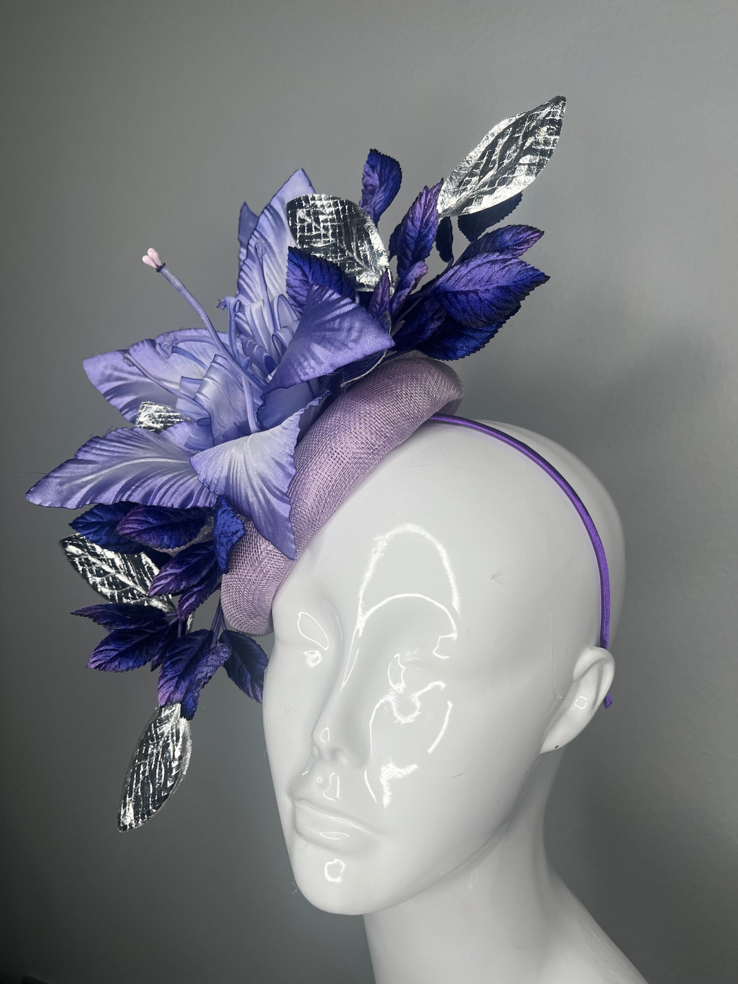 Lavender and Royal Purple Statement Fascinator with Metallic Silver Leaves  Derby Hat Kentucky Oaks Headpiece