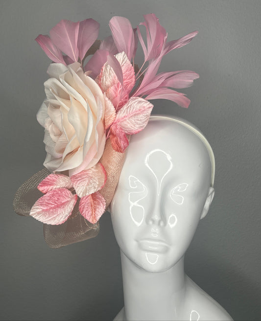 Blush Pink and Ivory Rose Fascinator with Feathers and Velvet Leaves Derby Hat Kentucky Oaks Headpiece