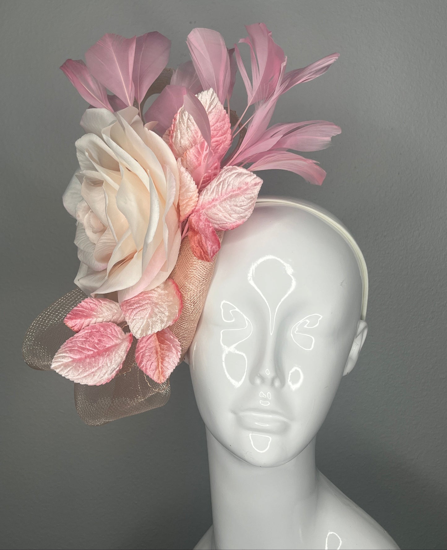 Blush Pink and Ivory Rose Fascinator with Feathers and Velvet Leaves Derby Hat Kentucky Oaks Headpiece