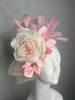 Blush Pink and Ivory Rose Fascinator with Feathers and Velvet Leaves Derby Hat Kentucky Oaks Headpiece