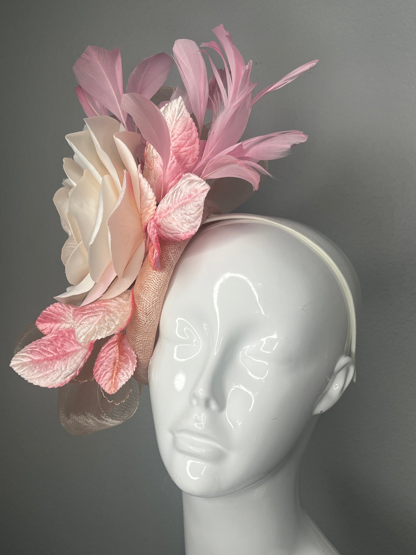 Blush Pink and Ivory Rose Fascinator with Feathers and Velvet Leaves Derby Hat Kentucky Oaks Headpiece