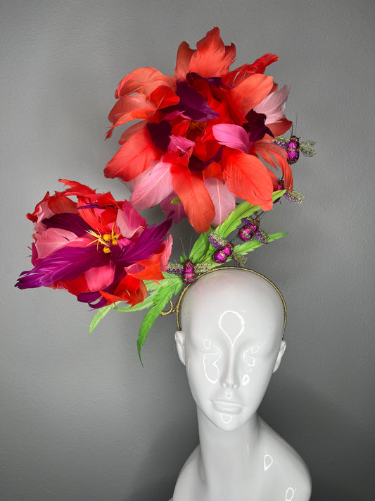 Coral & Fuchsia Oversized Feather Flower Fascinator with Sparkling Bees Derby Statement Headpiece  Couture Floral Millinery